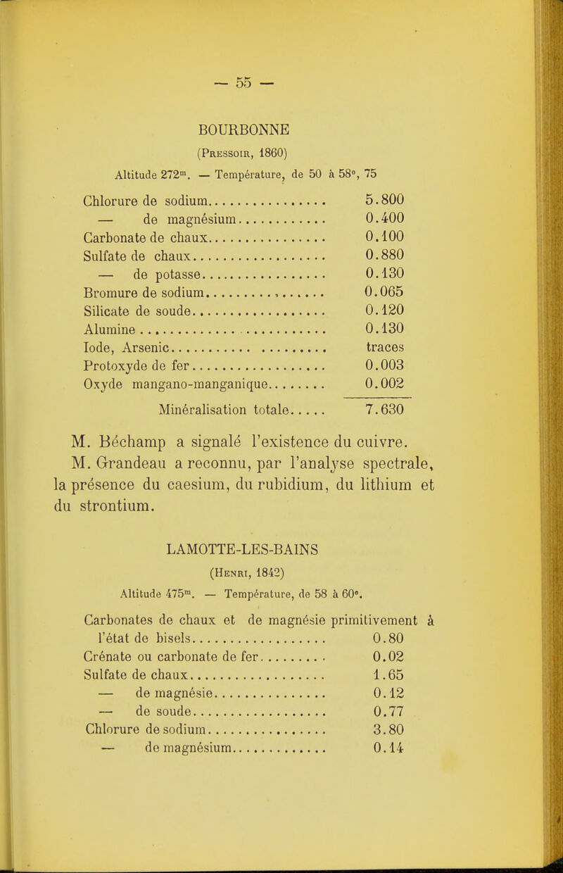 BOURDONNE (Pressoir, 1860) Altitude 272. — Température, de 50 à 58«, 75 Chlorure de sodium 5.800 — de magnésium 0.400 Carbonate de chaux 0.100 Sulfate de chaux 0.880 — de potasse 0.130 Bromure de sodium , 0.065 Silicate de soude 0.120 Alumine 0.130 Iode, Arsenic traces Protoxyde de fer 0.003 Oxyde mangano-raanganique 0.002 Minéralisation totale 7.630 M. Béchamp a signalé l'existence du cuivre. M. Grandeau a reconnu, par l'analyse spectrale, la présence du caesium, du rubidium, du lithium et du strontium. LAMOTTE-LES-BAINS (Henri, 1842) Altitude 475°. — Température, de 58 à 60». Carbonates de chaux et de magnésie primitivement à l'état de bisels 0.80 Crénate ou carbonate de fer 0.02 Sulfate de chaux 1.65 — de magnésie 0.12 — de soude 0.77 Chlorure de sodium 3.80 — de magnésium 0.14