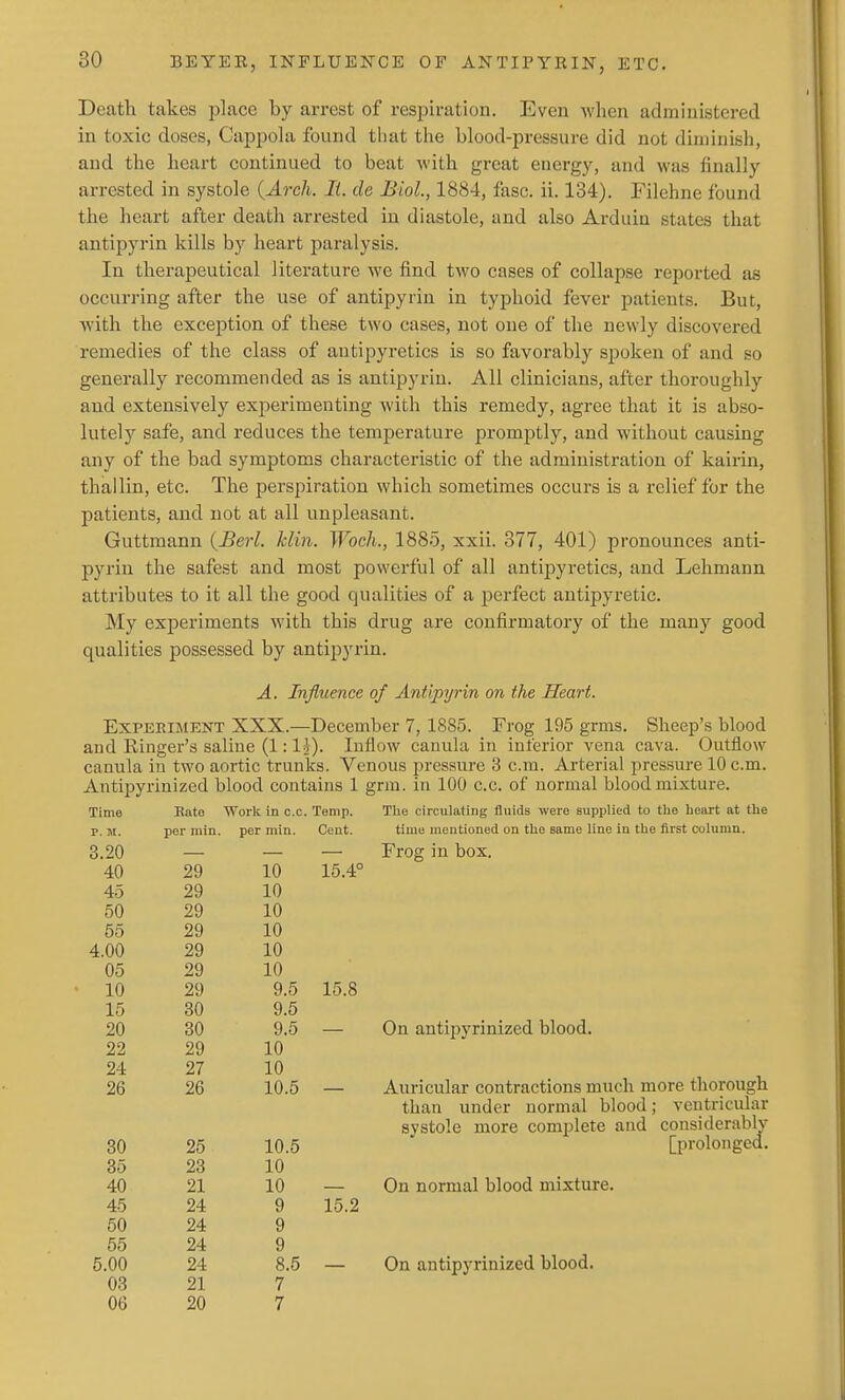 Death takes place by arrest of respiration. Even Avlien administered in toxic doses, Cappola found that the blood-pressure did not diminish, and the heart continued to beat with great energy, and was finally arrested in systole {Arch. It. de Biol., 1884, fasc. ii. 134). Filehne found the heart after death arrested in diastole, and also Arduin states that antipyrin kills by heart j^aralysis. In therapeutical literature we find two cases of collapse reported as occurring after the use of antipyrin in typhoid fever patients. But, with the exception of these two cases, not one of the newly discovered remedies of the class of antipyretics is so favorably spoken of and so generally recommended as is antipyrin. All clinicians, after thoroughly and extensively experimenting with this remedy, agree that it is abso- lutely safe, and reduces the temperature promptly, and without causing any of the bad symptoms characteristic of the administration of kairin, thallin, etc. The perspiration which sometimes occurs is a relief for the patients, and not at all unpleasant. Guttmann {JBerl. klin. Woch., 1885, xxii. 377, 401) pronounces anti- pyrin the safest and most powerful of all antipyretics, and Lehmann attributes to it all the good qualities of a perfect antipyretic. My experiments with this drug are confirmatory of the many good qualities possessed by antipyrin. A. Influence of Antipyrin on the Heart. Experiment XXX.—December 7, 1885. Frog 195 grms. Sheep's blood and Ringer's saline (1: IJ). Inflow canula in interior vena cava. Outflow canula in two aortic trunks. Venous pressure 3 cm. Arterial pressure 10 cm. Antipyrinized blood contains 1 grm. in 100 c.c. of normal blood mixture. The circulating fluids were supplied to the heart at the time mentioned on the same line in the first column. Frog in box. Time Kate Work in c.c. Temp. p. M. per min. per min. Cent. 3.20 40 29 10 15.4° 45 29 10 50 29 10 55 29 10 4.00 29 10 05 29 10 10 29 9.5 15.8 15 30 9.5 20 30 9.5 22 29 10 24 27 10 26 26 10.5 30 25 10.5 35 23 10 40 21 10 45 24 9 15.2 50 24 9 55 24 9 5.00 24 8.5 03 21 7 06 20 7 On antipyrinized blood. Auricular contractions much more tliorough than under normal blood; ventricular systole more complete and consideriiblv [prolonged. — On normal blood mixture. — On antipyrinized blood.