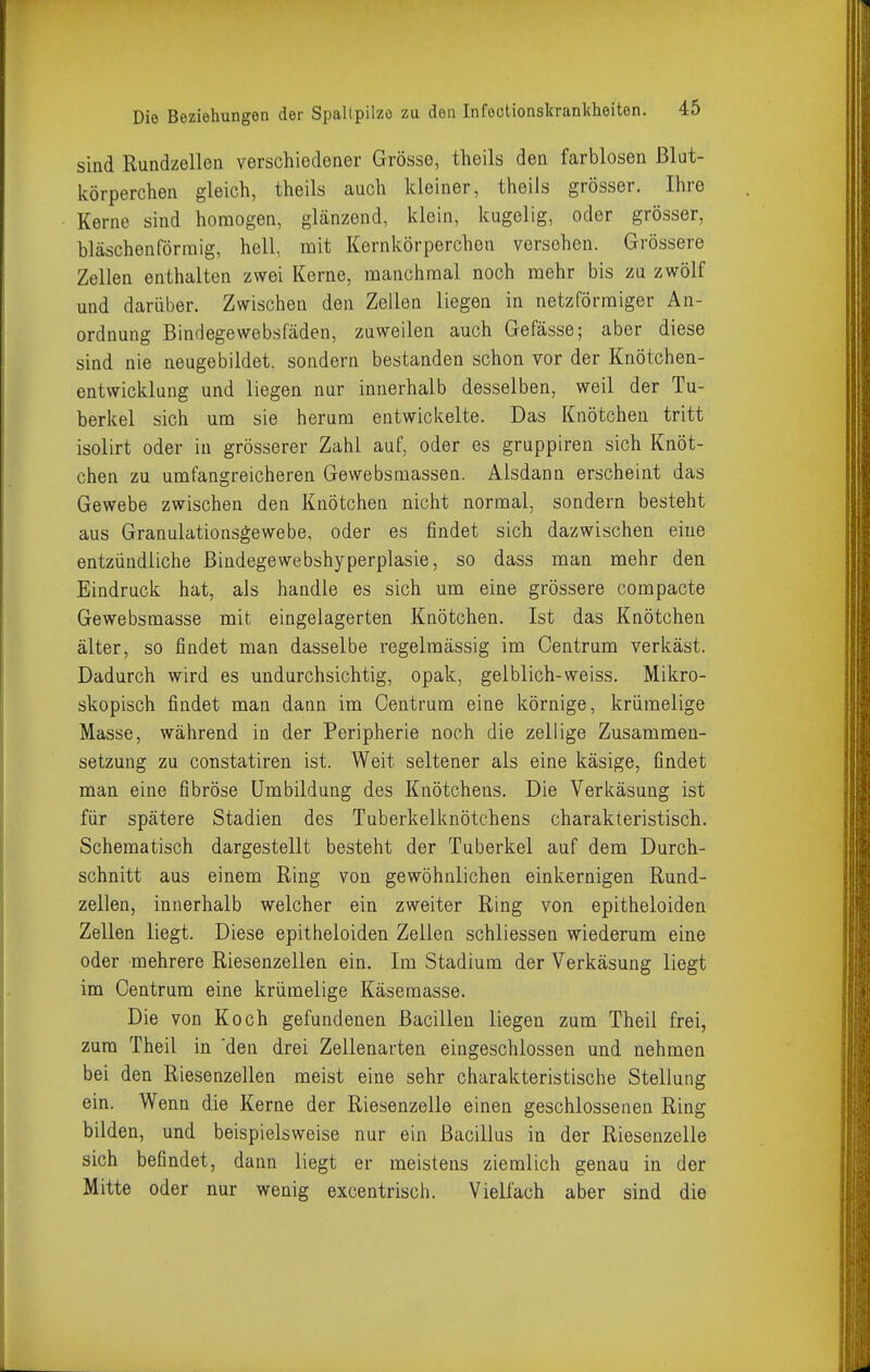 sind Rundzelleii verschiedener Grösse, theils den farblosen ßlut- körperclien gleich, theils auch kleiner, theils grösser. Ihre Kerne sind homogen, glänzend, klein, kugelig, oder grösser, bläschenförmig, hell mit Kernkörperchen versehen. Grössere Zellen enthalten zwei Kerne, manchmal noch mehr bis zu zwölf und darüber. Zwischen den Zellen liegen in netzförmiger An- ordnung Bindegewebsfäden, zuweilen auch Gefässe; aber diese sind nie neugebildet, sondern bestanden schon vor der Knötchen- entwicklung und liegen nur innerhalb desselben, weil der Tu- berkel sich um sie herum entwickelte. Das Knötchen tritt isolirt oder in grösserer Zahl auf, oder es gruppiren sich Knöt- chen zu umfangreicheren Gewebsmassen. Alsdann erscheint das Gewebe zwischen den Knötchen nicht normal, sondern besteht aus Granulationsgewebe, oder es findet sich dazwischen eine entzündliche ßindegewebshyperplasie, so dass man mehr den Eindruck hat, als handle es sich um eine grössere compacte Gewebsmasse mit eingelagerten Knötchen. Ist das Knötchen älter, so findet man dasselbe regelmässig im Centrum verkäst. Dadurch wird es undurchsichtig, opak, gelblich-weiss. Mikro- skopisch findet man dann im Centrum eine körnige, krümelige Masse, während in der Peripherie noch die zellige Zusammen- setzung zu constatiren ist. Weit seltener als eine käsige, findet man eine fibröse Umbildung des Knötchens. Die Verkäsung ist für spätere Stadien des Tuberkelknötchens charakteristisch. Schematisch dargestellt besteht der Tuberkel auf dem Durch- schnitt aus einem Ring von gewöhnlichen einkernigen Rund- zellen, innerhalb welcher ein zweiter Ring von epitheloiden Zellen liegt. Diese epitheloiden Zeilen schliessen wiederum eine oder mehrere Riesenzellen ein. Im Stadium der Verkäsung liegt im Centrum eine krümelige Käsemasse. Die von Koch gefundenen Bacillen liegen zum Theil frei, zum Theil in 'den drei Zellenarten eingeschlossen und nehmen bei den Riesenzellen meist eine sehr charakteristische Stellung ein. Wenn die Kerne der Riesenzelle einen geschlossenen Ring bilden, und beispielsweise nur ein Bacillus in der Riesenzelle sich befindet, dann liegt er meistens ziemlich genau in der Mitte oder nur wenig excentrisch. Vielfach aber sind die