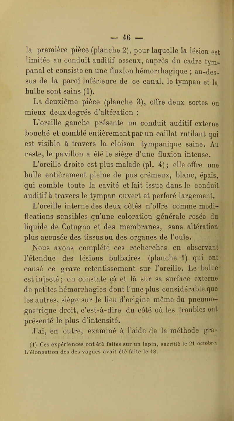 la première pièce (planche 2), pour laquelle la lésion est limitée au conduit auditif osseux, auprès du cadre tym- panal et consiste en une fluxion hémorrhagique ; au-des- sus de la paroi inférieure de ce canal, le tympan et la bulbe sont sains (1). La deuxième pièce (planche 3), offre deux sortes ou mieux deux degrés d'altération : L'oreille gauche présente un conduit auditif externe bouché et comblé entièrement par un caillot rutilant qui est visible à travers la cloison tympaniqne saine. Au reste, le pavillon a été le siège d'une fluxion intense. L'oreille droite est plus malade (pl. 4) ; elle offre une bulle entièrement pleine de pus crémeux, blanc, épais, qui comble toute la cavité et fait issue dans le conduit auditif à travers le tympan ouvert et perforé largement. L'oreille interne des deux côtés n'offre comme modi- fications sensibles qu'une coloration générale rosée du liquide de Gotugno et des membranes, sans altération plus accusée des tissus ou des organes de l'ouïe. Nous avons complété ces recherches en observant l'étendue des lésions bulbaires (planche 1) qui ont causé ce g-rave retentissement sur l'oreille. Le bulbe est injecté ; on constate çà et là sur sa surface externe de petites hémorrhagies dont l'une plus considérable que les autres, siège sur le lieu d'origine même du pneumo- gastrique droit, c'est-à-dire du côté où les troubles ont présenté le plus d'intensité. J'ai, en outre, examiné à l'aide de la méthode gra- (1) Ces expériences ont été faites sur un lapin, sacrifié le 21 octobre. L'élongation des des vagues avait été faite le iS.