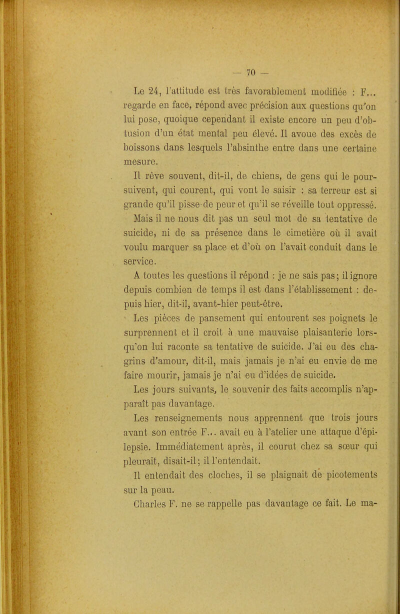 Le 24, l'atlitude est très favorablouient modifice : F... regarde en face, répond avec précision aux questions qu'on lui pose, quoique cependant il existe encore un peu d'ob- tusion d'un état mental peu élevé. Il avoue des excès de boissons dans lesquels l'absinthe entre daus une certaine mesure. II rêve souvent, dit-il, de chiens, de gens qui le pour- suivent, qui courent, qui vont le saisir : sa terreur est si grande qu'il pisse-de peur et qu'il se réveille tout oppressé. Mais il ne nous dit pas un seul mot de sa tentative de suicide, ni de sa présence dans le cimetière oii il avait voulu marquer sa place et d'où on l'avait conduit dans le service. A toutes les questions il répond : je ne sais pas; il ignore depuis combien de temps il est dans l'établissement : de- puis hier, dit-il, avant-hier peut-être. Les pièces de pansement qui entourent ses poignets le surprennent et il croit à une mauvaise plaisanterie lors- qu'on lui raconte sa tentative de suicide. J'ai eu des cha- grins d'amour, dit-il, mais jamais je n'ai eu envie de me faire mourir, jamais je n'ai eu d'idées de suicide. Les jours suivants, le souvenir des faits accomplis n'ap- paraît pas davantage. Les renseignements nous apprennent que trois jours avant son entrée F... avait eu à Tateher une attaque d'épi- lepsie. Immédiatement après, il courut chez sa sœur qui pleurait, disait-il; il l'entendait. 11 entendait des cloches, il se plaignait de picotements sur la peau. Charles F. ne se rappelle pas davantage ce fait. Le ma-