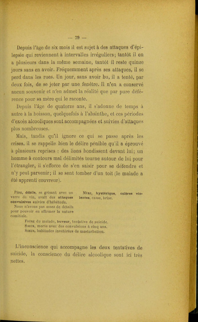 Depuis VàgQ de six mois il est sujet à des attaques d'épi- lepsie qui reviennent à intervalles irréguliers; tantôt il en a plusieurs dans la même semaine, tantôt il reste quinze jours sans en avoir. Fréquemment après ses attaques, il se perd dans les rues. Un jour, sans avoir bu, il a tenté, par deux fois, de se jeter par une fenêtre. Il n'en a conservé aucun souvenir et n'en admet la réalité que par pure défé- rence pour sa mère qui le raconte. Depuis l'âge de quatorze ans, il s'adonne de temps à autre à la boisson, quelquefois à l'absinthe, et ces périodes d'excès alcooliques sont accompagnées et suivies d'attaques plus nombreuses. Mais, tandis qu'il ignore ce qui se passe après les crises, il se rappelle bien le délire pénible qu'il a éprouvé à plusieurs reprises : des lions bondissent devant lui; un homme à contours mal délimités tourne autour de lui pour l'étrangler, il s'efforce de s'en saisir pour se défendre et n'y peut parvenir; il se sent tomber d'un toit (le malade a été apprenti couvreur). Père, débile, se grisant avec un Mère, hystérique, colères vio- verre de vin, avait des attaques lentes, casse, brise. oQnvulsives suivies d'iiébétude. Nous n'avons pas assez de détails pour pouvoir en affirmer la nature comitiale. Frère du malade, buveur, tentative de suicide. SoEUB, morte avec des convulsions à cinq ans. Soeur, habitudes invétérées de masturbation. L'inconscience qui accompagne les deux tentatives de suicide, la conscience du délire alcoolique sont ici très nettes.