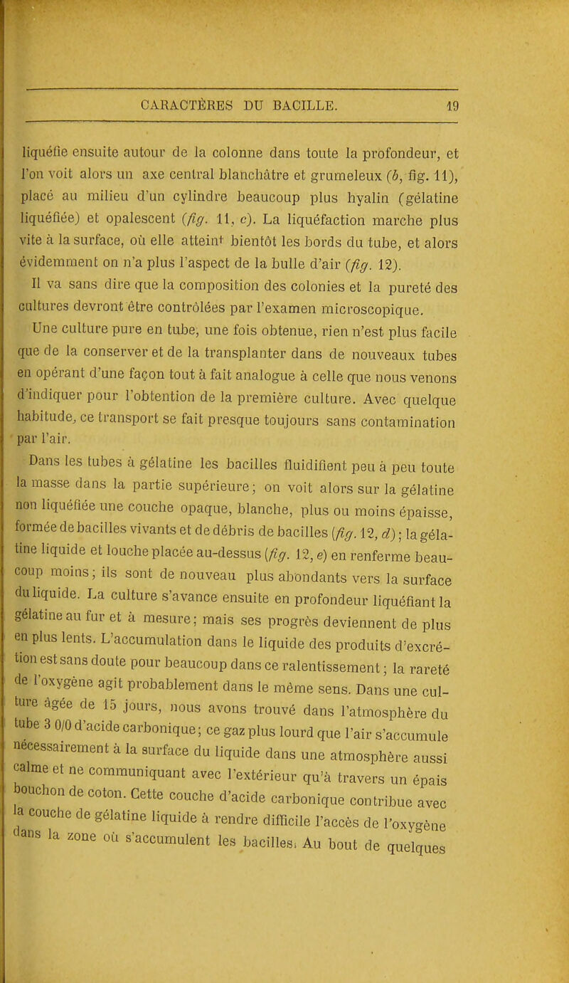 liquéfie ensuite autour de la colonne dans toute la profondeur, et l'on voit alors un axe central blanchâtre et grumeleux (b, fig. 11), placé au milieu d'un cylindre beaucoup plus hyalin (gélatine liquéfiée) et opalescent (fig. 11, c). La liquéfaction marche plus vite à la surface, où elle atteint bientôt les bords du tube, et alors évidemment on n'a plus l'aspect de la bulle d'air (fig. 12). Il va sans dire que la composition des colonies et la pureté des cultures devront être contrôlées par l'examen microscopique. Une culture pure en tube, une fois obtenue, rien n'est plus facile que de la conserver et de la transplanter dans de nouveaux tubes en opérant d'une façon tout à fait analogue à celle que nous venons d'indiquer pour l'obtention de la première culture. Avec quelque habitude, ce transport se fait presque toujours sans contamination par l'air. Dans les tubes à gélatine les bacilles fluidifient peu à peu toute la masse dans la partie supérieure; on voit alors sur la gélatine non liquéfiée une couche opaque, blanche, plus ou moins épaisse, formée de bacilles vivants et de débris de bacilles [fig. 12, d); la géla- tine liquide et louche placée au-dessus [fig. 12, e) en renferme beau- coup moins; ils sont de nouveau plus abondants vers la surface du liquide. La culture s'avance ensuite en profondeur liquéfiant la gélatine au fur et à mesure ; mais ses progrès deviennent de plus en plus lents. L'accumulation dans le liquide des produits d'excré- tion est sans doute pour beaucoup dans ce ralentissement ; la rareté de l'oxygène agit probablement dans le même sens. Dans une cul- ture âgée de 15 jours, nous avons trouvé dans l'atmosphère du tube 3 0/0 d'acide carbonique ; ce gaz plus lourd que l'air s'accumule nécessairement à la surface du liquide dans une atmosphère aussi calme et ne communiquant avec l'extérieur qu'à travers un épais bouchon de coton. Cette couche d'acide carbonique contribue avec la couche de gélatine liquide à rendre difficile l'accès de l'oxy^rène tians la zone où s'accumulent les bacilles. Au bout de quelques