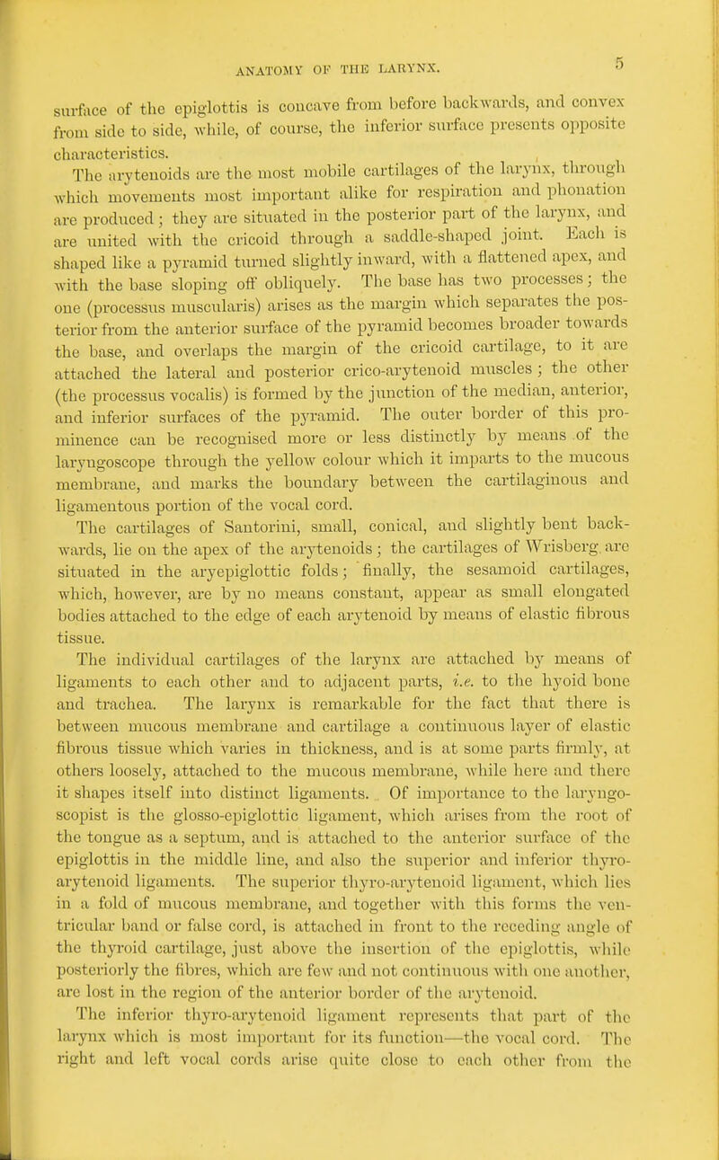surface of the epiglottis is concave from before backwanls, and convex from side to side, while, of course, the inferior surface presents opposite characteristics. , The arytenoids arc the most mobile cartilages of the larynx, through which movements most important alike for respiration and phonation are produced; they are situated in the posterior part of the larynx, and are united with the cricoid through a saddle-shaped joint. Eacli is shaped like a pyramid turned slightly inward, witli a flattened apex, and with the base sloping oft obliquely. The base has two processes; the one (processus muscularis) arises as the margin which separates the pos- terior from the anterior surface of the pyramid becomes broader towards the base, and overlaps the margin of the cricoid cartilage, to it are attached the lateral and posterior crico-arytenoid muscles ; the other (the processus vocalis) is formed by the junction of the median, anterior, and inferior surfaces of the pyramid. The outer border of this pro- minence can be recognised more or less distinctly by means of the laryngoscope through the yellow colour which it imparts to the mucous membrane, and marks the boundary between the cartilaginous and ligamentous portion of the vocal cord. The cartilages of Santorini, small, conical, and slightly bent back- wards, lie on the apex of the arytenoids; the cartilages of Wrisberg. are situated in the aryepiglottic folds; finally, the sesamoid cartilages, which, however, are by no means constant, appear as small elongated bodies attached to the edge of each arytenoid by means of elastic fibrous tissue. The individual cartilages of the larynx are attached by means of ligaments to each other and to adjacent parts, i.e. to the hyoid bone and trachea. The larynx is remarkable for the fact that there is between miicous membrane and cartilage a continuous layer of elastic fibrous tissue Avhich varies in thickness, and is at some parts firmly, at others loosely, attached to the mucous membrane, while here and there it sliapes itself into distinct ligaments. Of importance to the laryngo- scopist is the glosso-epiglottic ligament, whicli arises from the root of the tongue as a septum, and is attached to the anterior surface of the epiglottis in the middle line, and also the superior and inferior thyro- arytenoid ligaments. The superior thyro-arytenoid ligament, which lies in a fold of mucous membrane, and together with this forms tlie ven- tricular band or false cord, is attached in front to the receding angle of the thyroid cartilage, just above the insertion of tlie epiglottis, while posteriorly the fibres, which are few and not continuous with one anotlicr, are lost in the region of the anterior border of the arytenoid. The inferior thyro-arytenoid ligament represents that part of the larynx which is most important for its function—the vocal cord. Tlie right and left vocal cords arise quite close to eacli other from the