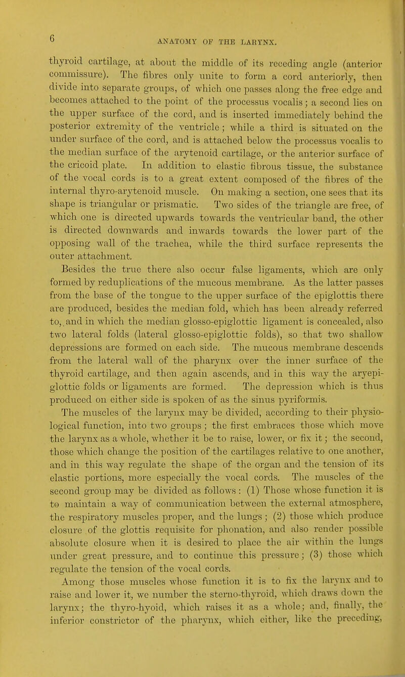 ANATOMY OF THE LARYNX. thyroid cartilage, at about the middle of its receding angle (anterior commissure). The fibres only unite to form a cord anteriorly, then divide into separate groups, of which one passes along the free edge and becomes attached to the point of the processus vocalis; a second lies on the upper surface of the cord, and is inserted immediately behind the posterior extremity of the ventricle; while a third is situated on the under surface of the cord, and is attached below the processus vocalis to the median surface of the arytenoid cartilage, or the anterior surface of the cricoid jilate. In addition to elastic fibrous tissue, the substance of the vocal cords is to a great extent composed of the fibres of the internal thyro-arytenoid muscle. On making a section, one sees that its shape is triangular or prismatic. Two sides of the triangle are free, of which one is directed upwards towards the ventricular band, the other is directed downwards and inwards towards the lower part of the opposing wall of the trachea, while the third surface represents the outer attachment. Besides the true there also occur false ligaments, which are onl}'^ formed by reduplications of the mucous membrane. As the latter passes from the base of the tongue to the upper surface of the epiglottis there are produced, besides the median fold, Avhich has been already referred to,, and in Avhich the median giosso-epigiottic ligament is coiicealed, also two lateral folds (lateral glosso-epiglottic folds), so that two shallow depressions are formed on each side. The mucous membrane descends from the lateral wall of the pharynx over the inner surface of the thyroid cartilage, and then again ascends, and in this way the aryepi- glottic folds or ligaments are formed. The depression Avhich is thus produced on either side is spoken of as the sinus pyriformis. The muscles of the larynx may be divided, according to their physio- logical function, into two groups; the first embraces those which move the larynx as a whole, whether it be to raise, lower, or fix it; the second, those which change the position of the cartilages relative to one another, and in this way regulate the shape of the organ and the tension of its elastic portions, more especially the A^ocal cords. The muscles of the second group may be divided as follows : (1) Those whose function it is to maintain a way of communication between the external atmosphere, the respiratory muscles proper, and the lungs; (2) those which produce closure of the glottis requisite for phonation, and also render possible absolute closure when it is desired to place the air within the lungs \uider great pressure, and to continue this pressure; (3) those which regulate the tension of the vocal cords. Among those muscles whose fimction it is to fix the larynx and to raise and lower it, we number the storno-thyroid, which draws down the larynx; the thyro-hyoid, which raises it as a whole; and, finally, the inferior constrictor of the pharynx, which either, like the preceding,