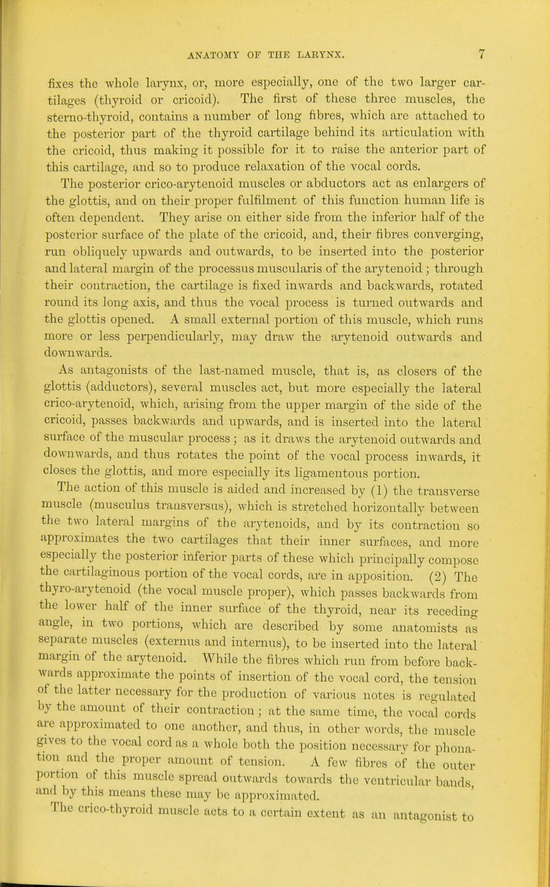 fixes the whole larynx, or, more especially, one of the two larger car- tilages (thyroid or cricoid). The first of these three muscles, the sterno-tliyroid, contains a number of long fibres, which arc attached to the posterior pai-t of tlie thyroid cartilage behind its articulation with the cricoid, thus making it possible for it to raise the anterior part of this cartilage, and so to produce relaxation of the vocal cords. The posterior crico-arytenoid muscles or abductors act as enlargers of the glottis, and on their proper fulfilment of this function human life is often dependent. They arise on either side from the inferior half of the posterior surface of the plate of the cricoid, and, their fibres converging, run obliquely upwards and outwards, to be inserted into the posterior and lateral margin of the processus muscularis of the arytenoid ; through their contraction, the cartilage is fixed inwards and backwards, rotated round its long axis, and thus the vocal process is turned outwards and the glottis opened. A small external portion of this muscle, which runs more or less pei-peudicularly, may draw the arytenoid outwards and downwards. As antagonists of the last-named muscle, that is, as closers of the glottis (adductors), several muscles act, but more especially the lateral crico-arytenoid, which, arising from the upper margin of the side of the cricoid, passes backwards and upwards, and is inserted into the lateral surface of the muscular process; as it draws the arytenoid outwards and downwards, and thus rotates the point of the vocal process inwards, it closes the glottis, and more especially its ligamentous portion. The action of this muscle is aided and increased by (1) the transverse muscle (musculus transversus), which is stretched horizontally between the two lateral margins of the arytenoids, and by its contraction so approximates the two cartilages that their inner surfaces, and more especially the posterior inferior parts of these which principally compose the cartilaginous portion of the vocal cords, are in apposition. (2) The thyi-o-arytenoid (the vocal muscle proper), which passes backwards from the lower half of the inner surfoce of the thyroid, near its receding angle, in two portions, which are described by some anatomists as separate muscles (externus and internus), to be inserted into the lateral margin of the arytenoid. While tlie fibres which nui from before back- wards approximate the points of insertion of the vocal cord, the tension of the latter necessary for the production of various notes is regulated by the amount of their contraction; at the same time, the vocal cords are approximated to one another, and thus, in other words, the muscle gives to the vocal cord as a whole both the position necessary for pliona- tiou and the proper amount of tension. A few fibres of the outer portion of this muscle spread outwards towards the ventricular bands and by this means these may be approximated. ' The crico-thyroid muscle acts to a certain extent as an antagonist to