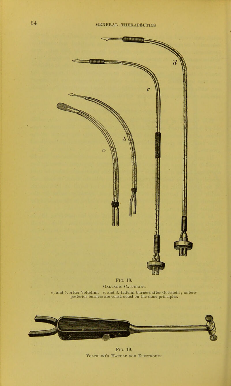 Fig. 18. Galvanic Cauteries. ((. .and li. After Voltolini. c. and d. Lateiiil buiuei's after Oottstein ; antero- posterior burners arc constructed on the same principles. Fig. 19. VoLTOLiNi's Handle for Electrode!^.