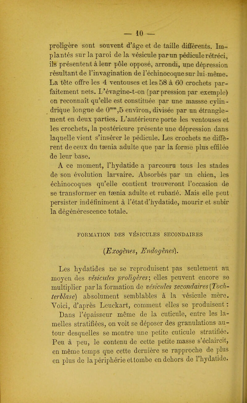 proligère sont souvent d'âge et de taille différents. Im- plantés sur la paroi de la vésicule parun pédicule rétréci, ils présentent à leur pôle opposé, arrondi, une dépression résultant de l'invagination de l'échinocoque sur lui-même. La tête offre les 4 ventouses et les 58 à 60 crochets par- faitement nets. L'évagine-t-on (par pression par exemple) on reconnaît qu'elle est constituée par une massse cylin- drique longue de 0°,5 environ, divisée par un étrangle- ment en deux parties. L'antérieure porte les ventouses et les crochets, la postérieure présente une dépression dans laquelle vient s'insérer le pédicule. Les crochets ne diffè- rent de ceux du tœnia adulte que par la forme plus effilée de leur base. A ce moment, l'hydatide a parcouru tous les stades de son évolution larvaire. Absorbés par un chien, les échinocoques qu'elle contient trouveront l'occasion de se transformer en tsenia adulte et rubaiié. Mais elle peut persister indéfiniment à l'état d'hydatide, mourir et subir la dégénérescence totale. FORMATION DES VÉSICULES SECONDAIRES {Exogènes, Endogènes). Les hydatides ne se reproduisent pas seulement au. moyen des vésicules 'proligères ; elles peuvent encore se multiplier par la formation de vésicules secondaires [Toch- terblase) absolument semblables à la vésicule mère. Voici, d'après Leuckart, comment elles se produisent : Dans l'épaisseur môme de la cuticule, entre les la- melles stratifiées, on voit se déposer des granulations au- tour desquelles se montre une petite cuticule stratifiée. Peu à peu, le contenu de cette petite masse s'éclaircit, en même temps que cette dernière se rapproche de plus en plus de la périphérie et tombe en dehors de l'hydatide.