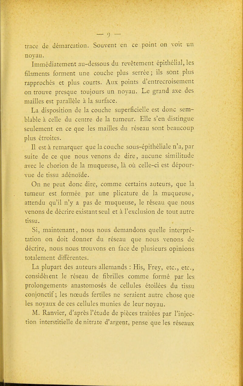 trace de démarcation. Souvent en ce point on voit un noyau. Immédiatement au-dessous du revêtement épithélinl, les filaments forment une couche plus serrée ; ils sont plus rapprochés et plus courts. Aux points d'entrecroisement on trouve presque toujours un noyau. Le grand axe des mailles est parallèle à la surface. La disposition de la couche superficielle est donc sem- blable à celle du centre de la tumeur. Elle s'en distingue seulement en ce que les mailles du réseau sont beaucoup plus étroites. Il est à remarquer que la couche sous-épithéliale n'a, par suite de ce que nous venons de dire, aucune similitude avec le chorion de la muqueuse, là où celle-ci est dépour- vue de tissu adénoïde. On ne peut donc dire, comme certains auteurs^ que la tumeur est formée par une plicature de la muqueuse, attendu qu'il n'y a pas de muqueuse, le réseau que nous venons de décrire existant seul et à l'exclusion de tout autre tissu. Si, maintenant, nous nous demandons quelle interpré- tation on doit donner du réseau que nous venons de décrire, nous nous trouvons en face de plusieurs opinions totalement différentes. La plupart des auteurs allemands : His, Frey, etc., etc., considèient le réseau de fibrilles comme formé par les prolongements anastomosés de cellules étoilées du tissu conjonctif ; les nœuds fertiles ne seraient autre chose que les noyaux de ces cellules munies de leur noyau. M. Ranvier, d'après l'étude de pièces traitées par l'injec- tion interstitielle de nitrate d'argent, pense que les réseaux