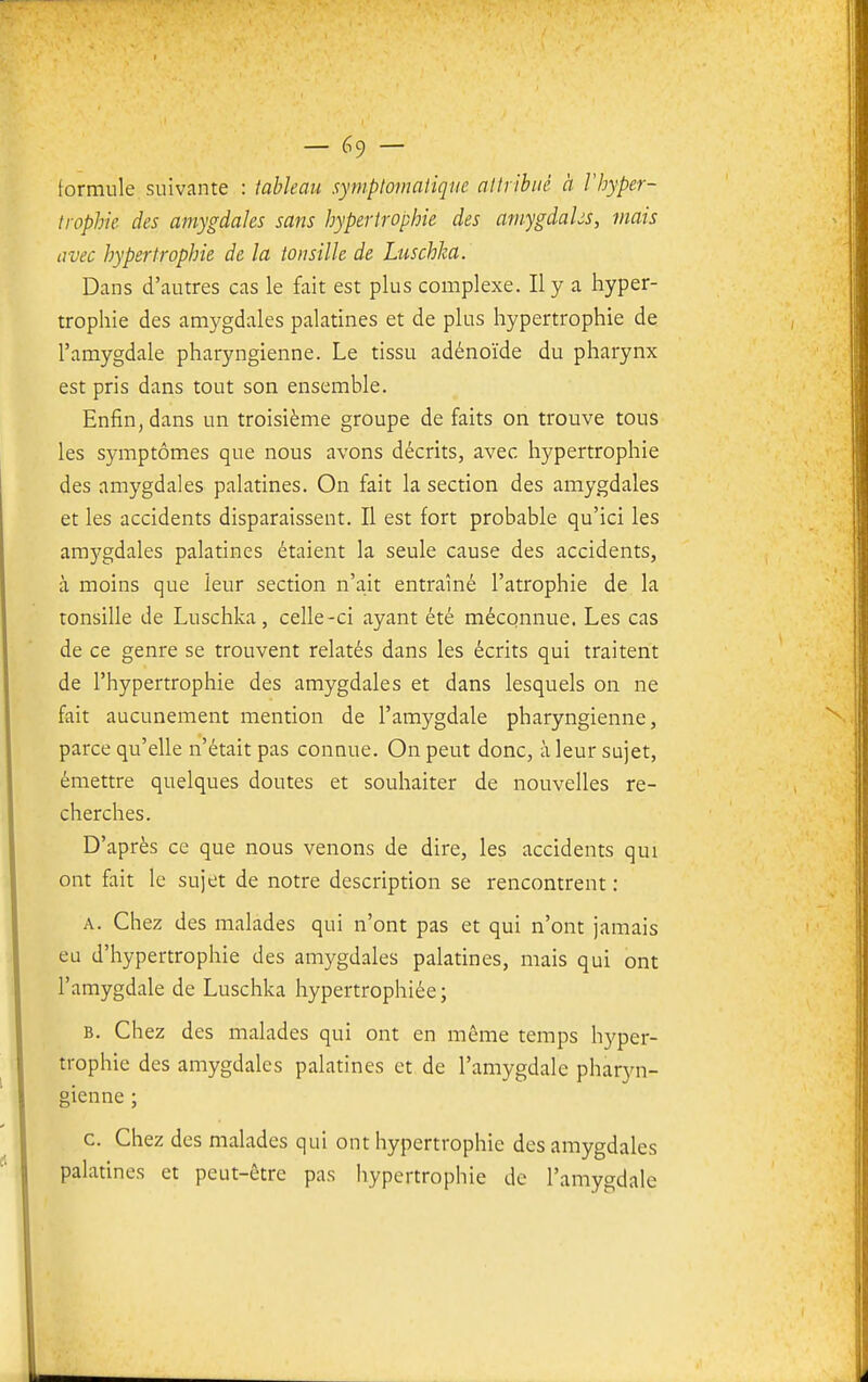 formule, suivante : tableau symptomatique attribué à l'hyper- Iroph'ie des amygdales sans hypertrophie des amygdahs, mais avec hypertrophie de la tonsille de Luschka. Dans d'autres cas le fait est plus complexe. Il y a hyper- trophie des amygdales palatines et de plus hypertrophie de l'amygdale pharyngienne. Le tissu adénoïde du pharynx est pris dans tout son ensemble. Enfin, dans un troisième groupe de faits on trouve tous les symptômes que nous avons décrits, avec hypertrophie des amygdales palatines. On fait la section des amygdales et les accidents disparaissent. Il est fort probable qu'ici les amygdales palatines étaient la seule cause des accidents, à moins que leur section n'a.it entraîné l'atrophie de la tonsille de Luschka, celle-ci ayant été méconnue. Les cas de ce genre se trouvent relatés dans les écrits qui traitent de l'hypertrophie des amygdales et dans lesquels on ne fait aucunement mention de l'amygdale pharyngienne, parce qu'elle n'était pas connue. On peut donc, à leur sujet, émettre quelques doutes et souhaiter de nouvelles re- cherches. D'après ce que nous venons de dire, les accidents qui ont fait le sujet de notre description se rencontrent : A. Chez des malades qui n'ont pas et qui n'ont jamais eu d'hypertrophie des amygdales palatines, mais qui ont l'amygdale de Luschka hypertrophiée ; B. Chez des malades qui ont en même temps hyper- trophie des amygdales palatines et de l'amygdale pharyn- gienne ; c. Chez des malades qui ont hypertrophie des amygdales palatines et peut-être pas hypertrophie de l'amygdale