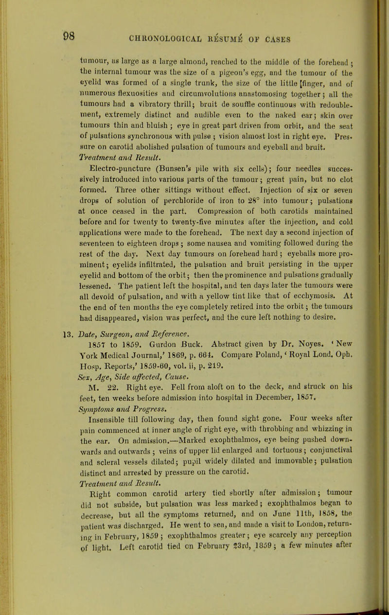 tumour, us lurge us n lurge almond, reuched to the middle of the foreheud • the internal tumour was the size of a pigeon's egg, and the tumour of the eyelid was formed of a single trunk, the size of the little [finger, and of numerous flexuosities and circumvolutions anastomosing together; all the tumours had a vibratory thrill; bruit de souffle continuous with redouble, rnent, extremely distinct and audible even to the naked ear; skin over tumours thin and bluish ; eye in great part driven from orbit, and the seat of pulsations synchronous with pulse ; vision almost lost in right eye. Pres- sure on carotid abolished pulsation of tumours and eyeball and bruit. Treatment and Result. Electro-puncture (Bunsen's pile with six cells); four needles succes- sively introduced into various parts of the tumour; great pain, but no clot formed. Three other sittings without effect. Injection of six or seven drops of solution of perchloride of iron to 28° into tumour; pulsations at once ceased in the part. Compression of both carotids maintained before and for twenty to twenty-five minutes after the injection, and cold applications were made to the forehead. The next day a second injection of seventeen to eighteen drops ; some nausea and vomiting followed during the rest of the day. Next day tumours on forehead hard ; eyeballs more pro- minent ; eyelids infiltrated, the pulsation and bruit persisting in the upper eyelid and bottom of the orbit; then the prominence and pulsations gradually lessened. The patient left the hospital, and ten days later the tumours were all devoid of pulsation, and with a yellow tint like that of ecchymosis. At the end of ten months the eye completely retired into the orbit; the tumours had disappeared, vision was perfect, and the cure left nothing to desire. 13. Date, Surgeon, and Reference. 1857 to 1859. Gurdon Buck. Abstract given by Dr. Noyes. « New York Medical Journal,' 1869, p. 664. Compare Poland, * Royal Lond. Oph. Hosp. Reports,' 1859-60, vol. ii, p. 219. Sex, Age, Side affected, Cause. M. 22. Right eye. Fell from aloft on to the deck, and struck on his feet, ten weeks before admission into hospital in December, 185T. Symptoms and Progress. Insensible till following day, then found sight gone. Four weeks after pain commenced at inner angle of right eye, with throbbing and whizzing in the ear. On admission.—Marked exophthalmos, eye being pushed down- wards and outwards ; veins of upper lid enlarged and tortuous; conjunctival and scleral vessels dilated; pupil widely dilated and immovable; pulsation distinct and arrested by pressure on the carotid. Treatment and Result. Right common carotid urtery tied shortly after admission; tumour did not subside, but pulsation was less marked; exophthalmos began to decrease, but all the symptoms returned, and on June 11th, 1858, the patient was discharged. He went to sea, and made a visit to London, return- ing in February, 1859 ; exophthalmos greater; eye scarcely any perception of light. Left carotid tied on February 23rd, 1859; a few minutes after