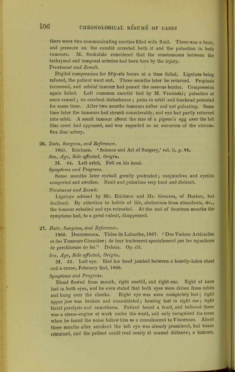 there were two communicating cavities filled with fluid. There was a bruit, and pressure on the carotid arrested both it und the pulsation in both tumours. M. Szokalski considered that the anastomoses between the lachrymal and temporal arteries had been torn by the injury. Treatment and Result. Digital compression for fifty-six hours at a time failed. Ligature being refused, the patient went out. Three months later he returned. Proptosis increased, and orbital tumour had passed the osseous border. Compression again failed. Left common carotid tied by M. Vrosinski; pulsation at once ceased ; no cerebral disturbance ; pains in orbit and forehead persisted for some time. After two months tumours softer and not pulsating. Some time later the tumours had shrunk considerably, and eye had partly returned into orbit. A small tumour about the size of a pigeon's egg over the left iliac crest had appeared, and was regarded as an aneurism of the circum- flex iliac artery. 26. Date, Surgeon, and Reference* 1865. Erichsen. ' Science and Art of Surgery,' vol. ii, p. 88. Sex, Age, Side affected, Origin. M. 44. Left orbit. Fell on his head. Symptoms and Progress. Some months later eyeball greatly protruded; conjunctiva and eyelids congested and swollen. Bruit and pulsation very loud and distinct. Treatment and Result. Ligature advised by Mr. Erichsen and Mr. Greaves, of Boston, but declined. By attention to habits of life, abstinence from stimulants, <fec, the tumour subsided and eye retreated. At the end of fourteen months the symptoms had, to a great extent, disappeared. 2T. Date, Surgeo?i, and Reference. 1866. Desormeaux. These de Laburthe, 1867. ' Dea Varices Arterielles etdesTumeurs Cirsoides ; de leur traitementspecialement par les injections de perchlorure de fer.'' Delens. Op. cit. Sex, Age, Side affected, Origin. M. 33. Left eye. Had his head jumbed between a heavily-laden chest and a crane, February 2nd, 1866. Symptoms and Progress. Blood flowed from mouth, right nostril, and right ear. Sight at Once lost in both eyes, and he even stated that both eyes were driven from orbits and hung over the cheeks. Right eye was soon completely lost; tight Upper jaw was broken and consolidated; hearing lost in right ear; fight facial paralysis and anaesthesia. Patient heard a bruit, and believed there was a steam-engine at work under the ward, arid only recognised his error when be found the noise follow him ns a convalescent to Vincennes. About three months after accident the left eye was already prominent, but Vision retrained, and the patient could read nearly at normal distance; a tumour,