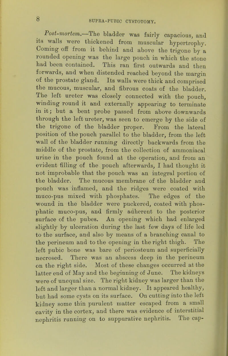 SUPRA-PUniC CYSTOTOMY. Post-mortem.—The bladder was fairly capacious, and its walls were thickened from muscular hypertrophy. Coming off from it behind and above the trigone by a rounded opening was the large pouch in which the stone had been contained. This ran first outwards and then forwards, and when distended reached beyond the margin of the prostate gland. Its walls were thick and comprised the mucous, muscular, and fibrous coats of the bladder. The left ureter was closely connected with the pouch, winding round it and externally appearing to terminate in it; but a bent probe passed from above downwards through the left ureter, was seen to emerge by the side of the trigone of the bladder proper. From the lateral position of the pouch parallel to the bladder, from the left wall of the bladder running directly backwards from the middle of the prostate, from the collection of ammoniacal urine in the pouch found at the operation, and from an evident filling of the pouch afterwards, I had thought it not improbable that the pouch Avas an integral portion of the bladder. The mucous membrane of the bladder and pouch was inflamed, and the ridges were coated with muco-pus mixed with phosphates. The edges of the wound in the bladder were puckered, coated with phos- phatic muco-pus, and firmly adherent to the posterior surface of the pubes. An opening which had enlarged slightly by ulceration during the last few days of life led to the surface, and also by means of a branching canal to the perineum and to the opening in the right thigh. The left pubic bone was bare of periosteum and superficially necrosed. There was an abscess deep in the perineum on the right side. Most of these changes occurred at the latter end of May and the beginning of June. The kidneys were of unequal size. The right kidney was larger than the left and larger than a normal kidney. It appeared healthy, but had some cysts on its surface. On cutting into the left kidney some thin purulent matter escaped from a small cavity in the cortex, and there was evidence of interstitial nephritis running on to suppurative nephritis. The cap-