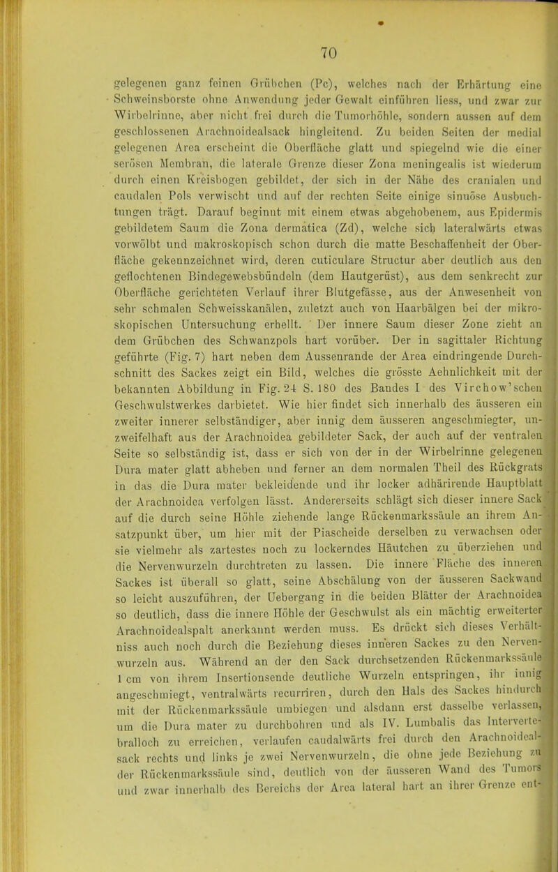 gelegenen ganz feinen Oiübchen (Pc), welches nach der Erhärtung eine Schweinsborste ohne Anwendung jeder Gewalt einführen Hess, und zwar zur Wirbelrinne, aber nicht frei durch die Tumorhöhle, sondern aussen auf dein geschlossenen Arachnoidealsack hingleitend. Zu beiden Seiten der medial gelegenen Area erscheint die Oberfliiche glatt und spiegelnd wie die einer serösen Membran, die laterale Grenze dieser Zona meningealis ist wiederum diM-ch einen Kreisbogen gebildet, der sich in der Nähe des cranialen und caudalen Pols verwischt und auf der rechten Seite einige sinuöse Ausbuch- tungen trägt. Darauf beginnt mit einem etwas abgehobenem, aus Epidermis gebildetem Saum die Zona dermatica (Zd), welche sieb lateralwärts etwas vorwölbt und makroskoi)isch schon durch die matte Beschaffenheit der Ober- fläche gekennzeichnet wird, deren cuticulare Structur aber deutlich aus den geflochtenen Bindegewebsbündeln (dem Ilautgerüst), aus dem senkrecht zur Oberfläche gerichteten Verlauf ihrer Blutgefässe, aus der Anwesenheit von sehr schmalen Schweisskanälen, zuletzt auch von Haarbälgen bei der mikro- skopischen Untersuchung erhellt. Der innere Saum dieser Zone zieht an dem Grübchen des Schwanzpols hart vorüber. Der in sagittaler Richtung geführte (Fig. 7) hart neben dem Aussenrande der Area eindringende Durch- schnitt des Sackes zeigt ein Bild, welches die grösste Aehulichkeit mit der bekannten Abbildung in Fig. 24 S. 180 des Bandes I des Virchow'scbeu Geschwulstwerkes darbietet. Wie hier findet sich innerhalb des äusseren ein zweiter innerer selbständiger, aber innig dem äusseren angescbmiegter, un- zweifelhaft aus der Arachnoidea gebildeter Sack, der auch auf der ventralen Seite so selbständig ist, dass er sich von der in der Wirbelrinne gelegenen Dura mater glatt abheben und ferner an dem normalen Theil des Rückgrats in das die Dura raatpr bekleidende und ihr locker adhärirende Hauptblatt der Arachnoidea verfolgen lässt. Andererseits schlägt sich dieser innere Sack auf die durch seine Höhle ziehende lange Rückenmarkssäule an ihrem An- satzpunkt über, um hier mit der Piascheide derselben zu verwachsen oder sie vielmehr als zartestes noch zu lockerndes Häutchen zu überziehen und die Nervenwurzeln durchtreten zu lassen. Die innere Fläche des inneren Sackes ist überall so glatt, seine Abschälung von der äusseren Sackwand so leicht auszuführen, der üebergang in die beiden Blätter der Arachnoidea so deutlich, dass die innere Höhle der Geschwulst als ein mächtig erweiterter Arachnoidealspalt anerkannt werden muss. Es drückt sich dieses Verhält- niss auch noch durch die Beziehung dieses inneren Sackes zu den Nerven- wurzeln aus. Während an der den Sack durchsetzenden Rückenmarkssäule 1 cm von ihrem Insertiousende deutliche Wurzeln entspringen, ihr innig angeschmiegt, ventralwärts recurriren, durch den Hals des Sackes hindurch mit der Rückenmarkssäule umbiegen und alsdann erst dasselbe verlassen, um die Dura mater zu durchbohren und als IV. Lumbalis das Interverte- bralloch zu erreichen, vcrlaiifen caudalwärts frei durch den Arachnoideal- sack rechts und links je zwei Nervenwurzeln, die ohne jede Beziehung zu der Rückenmarkssäule sind, deutlich von der äusseren Wand des Tumors und zwar innerhalb des Bereichs der Area lateral hart an ihrer Grenze eni- I