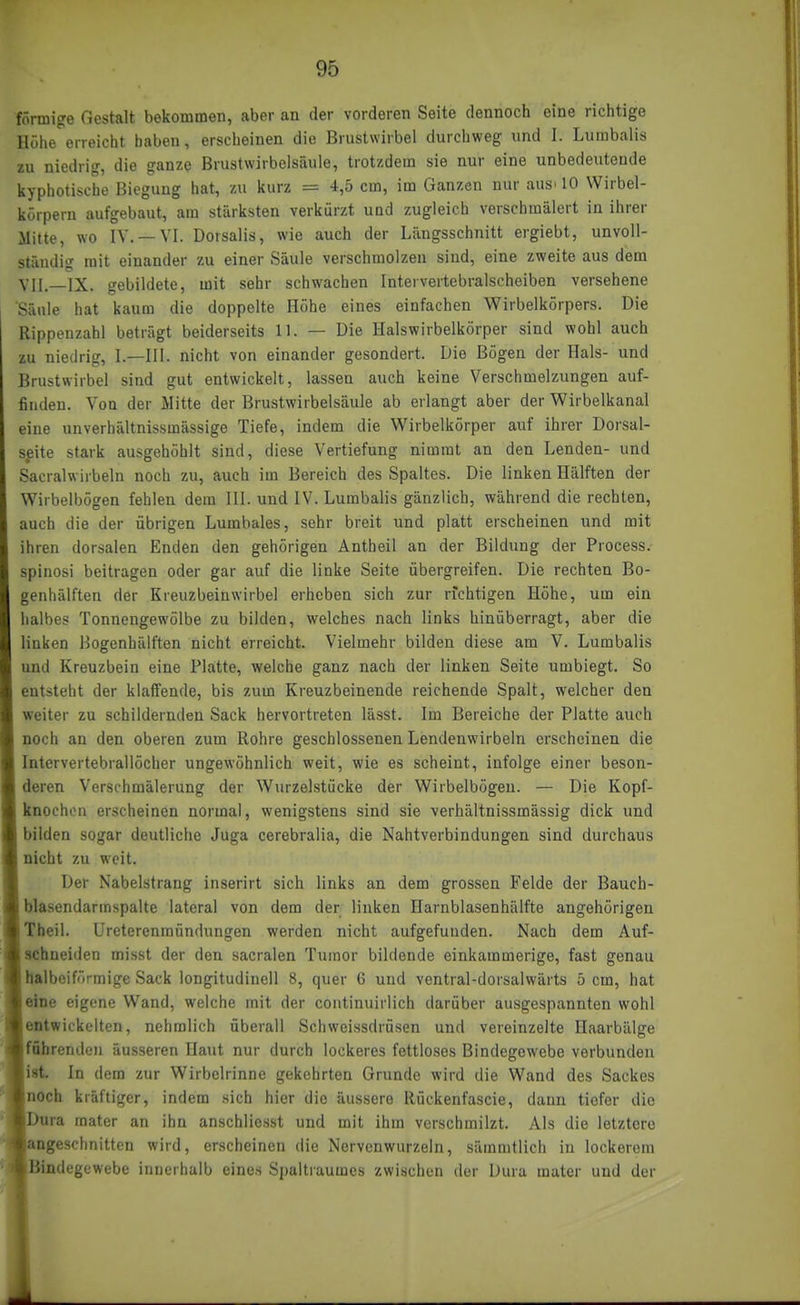 förmige Gestalt bekommen, aber an der vorderen Seite dennoch eine riclitige Höhe erreicht haben, erscheinen die Brustwirbel durchweg und I. Lumbalis zu niedrig, die ganze Brustwirbelsäule, trotzdem sie nur eine unbedeutende kyphotische Biegung hat, zu kurz = 4,5 cm, im Ganzen nur auS'lO Wirbel- körpern aufgebaut, am stärksten verkürzt und zugleich verschmälert in ihrer Mitte, wo IV. —VI. Dorsalis, wie auch der Längsschnitt ergiebt, unvoll- ständig mit einander zu einer Säule verschmolzen sind, eine zweite aus dem VII.—IX. gebildete, mit sehr schwachen Intervertebralscheiben versehene Säule hat kaum die doppelte Höhe eines einfachen Wirbelkörpers. Die Rippenzahl beträgt beiderseits 11. — Die Halswirbelkörper sind wohl auch zu niedrig, I.—III. nicht von einander gesondert. Die Bögen der Hals- und Brustwirbel sind gut entwickelt, lassen auch keine Verschmelzungen auf- finden. Von der Mitte der Brustwirbelsäule ab erlangt aber der Wirbelkanal eine unverhältnissmässige Tiefe, indem die Wirbelkörper auf ihrer Dorsal- seite stark ausgehöhlt sind, diese Vertiefung nimmt an den Lenden- und Sacralwirbeln noch zu, auch im Bereich des Spaltes. Die linken Hälften der Wirbelbögen fehlen dem III. und IV. Lumbalis gänzlich, während die rechten, auch die der übrigen Lumbales, sehr breit und platt erscheinen und mit ihren dorsalen Enden den gehörigen Antheil an der Bildung der Process. spinosi beitragen oder gar auf die linke Seite übergreifen. Die rechten Bo- genhälften der Kreuzbeinwirbel erheben sich zur richtigen Höhe, um ein halbes Tonnengewölbe zu bilden, welches nach links hinüberragt, aber die linken Bogenhälften nicht erreicht. Vielmehr bilden diese am V. Lumbalis und Kreuzbein eine Platte, welche ganz nach der linken Seite umbiegt. So entsteht der klaffende, bis zum Kreuzbeinende reichende Spalt, welcher den weiter zu schildernden Sack hervortreten lässt. Im Bereiche der Platte auch noch an den oberen zum Rohre geschlossenen Lendenwirbeln erscheinen die Intervertebrallöcher ungewöhnlich weit, wie es scheint, infolge einer beson- deren Verschmälerung der Wurzelstücke der Wirbelbögen. — Die Kopf- knochon erscheinen normal, wenigstens sind sie verhältnissmässig dick und bilden sogar deutliche Juga cerebralia, die Nahtverbindungen sind durchaus nicht zu weit. Der Nabelstrang inserirt sich links an dem grossen Felde der Bauch- blasendarmspalte lateral von dem der linken Harnblasenhälfte angehörigen Tbeil. Ureterenraündungen werden nicht aufgefunden. Nach dem Auf- schneiden misst der den sacralen Tumor bildende einkammerige, fast genau llalbeiförmige Sack longitudinell 8, quer 6 und ventral-dorsalwärts 5 cm, hat «dne eigene Wand, welche mit der continuirlich darüber ausgespannten wohl entwickelten, nehmlich überall Schweissdrüsen und vereinzelte Haarbälge fnbrendcn äusseren Haut nur durch lockeres fettloses Bindegewebe verbunden itrt. In dem zur Wirbclrinne gekehrten Grunde wird die Wand des Sackes noch kräftiger, indem sich hier die äussere Rückenfascie, dann tiefer die ura mater an ihn anschliesst und mit ihm verschmilzt. Als die letztere ngeschnitten wird, erscheinen die Nervcnwurzeln, sämmtlich in lockerem Bindegewebe innerhalb eines Spaltraumcs zwischen der Dura mater und der