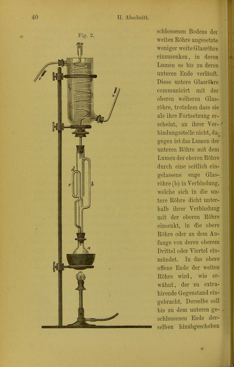Fig. 2. schlossenen Bodens der weiten Röhre angesetzte weniger weite Glasröhre einzusenken, in deren Lumen es bis zu deren unteren Ende verläuft. Diese untere Glasröhre communicirt mit der oberen weiteren Glas- röhre, trotzdem dass sie als ihre Fortsetzung er- scheint, an ihrer Ver-' bindungsstelle nicht, da- gegen ist das Lumen der unteren Röhre mit dem Lumen der oberen Röhre durch eine seitlich ein- gelassene enge Glas- röhre (b) in Verbindung, welche sich in die un- tere Röhre dicht unter- halb ihrer Verbindung mit der oberen Röhre einsenkt, in die obere Röhre oder an dem An- fange von deren oberem Drittel oder Viertel ein- mündet. In das obere offene Ende der weiten Röhre wird, wie er- wähnt, der zu extra- hirende Gegenstand ein- gebracht. Derselbe soll bis zu dem imteren ge- • schlossenen Ende der- selben hinabgeschoben