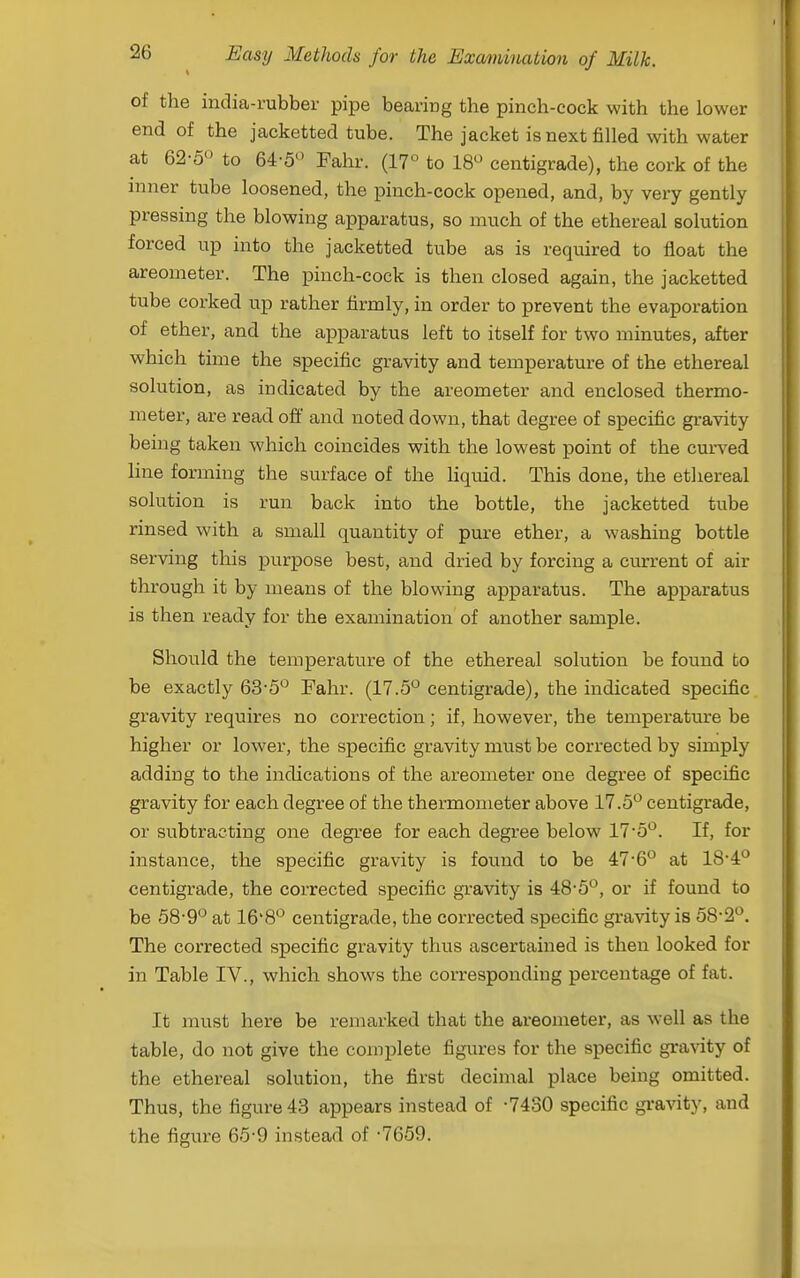 of the india-rubber pipe bearing the pinch-eock with the lower end of the jacketted tube. The jacket is next filled with water at 62-0 to 64-5'> Fahr. (17 to 18^ centigrade), the cork of the inner tube loosened, the ijinch-cock opened, and, by very gently pressing the blowing apparatus, so much of the ethereal solution forced up into the jacketted tube as is required to float the areometer. The pinch-cock is then closed again, the jacketted tube corked up rather firmly, in order to prevent the evaporation of ether, and the apparatus left to itself for two minutes, after which time the specific gravity and temperature of the ethereal solution, as indicated by the areometer and enclosed thermo- meter, are read off and noted down, that degree of specific gravity being taken which coincides with the lowest point of the curved hne forming the surface of the Hquid. This done, the ethereal solution is run back into the bottle, the jacketted tube rinsed with a small quantity of pure ether, a washing bottle serving this purpose best, and dried by forcing a current of air through it by means of the blowing apparatus. The apparatus is then ready for the examination of another sample. Should the temperature of the ethereal solution be found to be exactly eS'S*^ Fahr. (17.5° centigrade), the indicated specific gravity requires no correction; if, however, the temperature be higher or lower, the specific gravity mvist be corrected by simply adding to the indications of the areometer one degree of specific gravity for each degree of the thermometer above 17.5*^ centigrade, or subtracting one degree for each degree below 17'5*^. If, for instance, the specific gravity is found to be 476° at IS-i*^ centigrade, the corrected specific gravity is 48-5, or if found to be 58-9° at le'S*^ centigrade, the corrected specific gravity is 58-2'*. The corrected specific gravity thus ascertained is then looked for in Table IV., which shows the corresponding percentage of fat. It must here be remarked that the areometer, as well as the table, do not give the complete figures for the specific gravity of the ethereal solution, the first decimal place being omitted. Thus, the figure 43 appears instead of -7430 specific gravity, and the figure 66-9 instead of -7659.