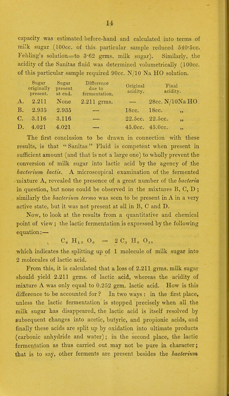 capacity was estimated before-hand and calculated into terms of milk sugar (lOOcc. of this particular sample reduced 540-5cc. Fehling's solution=to 3-62 grms. milk sugar). Similarly, the acidity of the Sanitas fluid was determined volumetrically (lOOcc. of this particular sample required 90cc. N/10 Na HO solution. Sugar Sugar Difference „ . . , t.- i originally present due to °n8£al ^Sf present. at end. fermentation. ^' ^' A. 2.211 None 2.211 grms. — 28cc. N/lONaHO B. 2.935 2.935 — 18cc. 18cc. C. 3.116 3.116 — 22.5cc. 22.5cc. D. 4.021 4.021 — 45.0cc. 45.0cc. The first conclusion to be drawn in connection with these results, is that  Sanitas  Fluid is competent when present in sufficient amount (and that is not a large one) to wholly prevent the conversion of milk sugar into lactic acid by the agency of the bacterium lactis. A microscopical examination of the fermented - -mixture A, revealed the presence of a great number of the bacteria in question, but none could be observed in the mixtures B, C, D ; similarly the bacterium termo was seen to be present in A in a very active state, but it was not present at all in B, C and D. Now, to look at the results from a quantitative and chemical point of view; the lactic fermentation is expressed by the following equation:— ^ C6 H12 06 = 2 C3 H6 03, which indicates the splitting up of 1 molecule of milk sugar into 2 molecules of lactic acid. From this, it is calculated that a loss of 2.211 grms. milk sugar should yield 2.211 grms. of lactic acid, whereas the acidity of mixture A was only equal to 0.252 grm. lactic acid. How is this difference to be accounted for ? In two ways : in the first place, unless the lactic fermentation is stopped precisely when all the milk sugar has disappeared, the lactic acid is itself resolved by subsequent changes into acetic, butyric, and propionic acids, and finally these acids are split up by oxidation into ultimate products (carbonic anhydride and water); in the second place, the lactic fermentation as thus carried out may not be pure in character; that is to say, other ferments are present besides the bacterium
