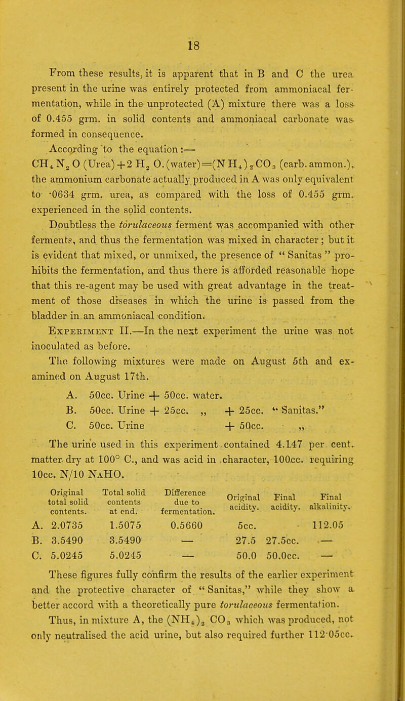 From these results, it is apparent that in B and C the urea present in the urine was entirely protected from ammoniacal fer- mentation, while in the unprotected (A) mixture there was a los& of 0.455 grm. in solid contents and ammoniacal carbonate was- formed in consequence. According to the equation:— CHtN2 O (Urea)+2 H2 0.(water)=(NH4)2C03 (carb. amnion.), the ammonium carbonate actually produced in A was only equivalent to *0634 grm. urea, as compared with the loss of 0.455 grm. experienced in the solid contents. Doubtless the torulaceous ferment was accompanied with other ferment?, and thus the fermentation was mixed in character; but it is evident that mixed, or unmixed, the presence of  Sanitas  pro- hibits the fermentation, and thus there is afforded reasonable hope that this re-agent may be used with great advantage in the treat- ment of those diseases in which the urine is passed from the- bladder in an ammoniacal condition. Experiment II.—In the nest experiment the urine was not inoculated as before. Tlio following mixtures were made on August 5th and ex- amined on August 17th. A. 50cc. Urine -f- 50cc. water. B. 50cc. Urine + 25cc. „ + 25cc. u Sanitas. C. 50cc. Urine + 50cc. „ The urine used in this experiment contained 4.147 per cent, matter, dry at 100° C, and was acid in character, lOOcc. requiring lOcc. N/10 NaHO. Original Total solid Difference /->••, t^- i tv i . . , . Original Final Final total solid contents due to .s.. ,. -, contents. at end. fermentation. acldlty- acldlt>'- alkallnlt>- A. 2.0735 1.5075 0.5660 5cc. • 112.05 B. 3.5490 3.5490 — 27.5 27.5cc. — C. 5.0245 5.0245 — 50.0 50.0cc. — These figures fully confirm the results of the earlier experiment and the protective character of  Sanitas, while they show a. better accord with a theoretically pure torulaceous fermentation. Thus, in mixture A, the (NH4)3 C03 which was produced, not only neutralised the acid urine, but also required further 112 05cc.