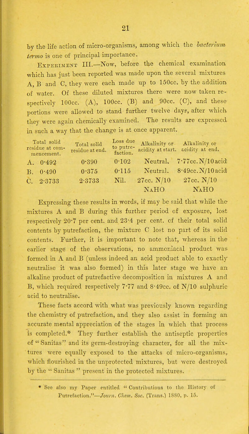 by the life action of micro-organisms, among which the bacterium termo is one of principal importance. Experiment III.—Now, before the chemical examination which has just been reported was made upon the several mixtures A, B and C, they were each made up to loOcc. by the addition of water. Of these diluted mixtures there were now taken re- spectively lOOcc. (A), lOOcc. (B) and 90cc. (C), and these- portions were allowed to stand further twelve day?, after which they were again chemically examined. The results are expressed in such a way that the change is at once apparent. Total solid Total soi;d Loss due Alkalinity or Alkalinity or residue at com- residue at end. *° P.  acidity at start, acidity at end. mencement. taction. A. 0-492 0-390 0-102 Neutral. 7-77cc.N/10acid B. 0-490 0-375 0-115 Neutral. 8-49cc.N/10acid C. 2-3733 2-3733 Nil. 27cc. N/10 27cc. N/10 NaHO NaHO Expressing these results in words, if may be said that while the mixtures A and B during this further period of exposure, lost respectively 20-7 per cent, and 23*4 per cent, of their total solid contents by putrefaction, the mixture C lost no part of its solid contents. Further, it is important to note that, whereas in the earlier stage of the observations, no ammoniacal product was- formed in A and B (unless indeed an acid product able to exactly neutralise it was also formed) in this later stage we have an alkaline product of putrefactive decomposition in mixtures A and B, which required respectively 7*77 and 8-49cc. of N/10 sulphuric acid to neutralise. These facts accord with what was previously known regarding the chemistry of putrefaction, and they also assist in forming an accurate mental appreciation of the stages in which that process is completed.* They further establish the antiseptic properties of  Sanitas and its germ-destroying character, for all the mix- tures were equally exposed to the attacks of micro-organisms, which flourished in the unprotected mixtures, but were destroyed by the  Sanitas  present in the protected mixtures. * See also my Paper entitled  Contributions to the History of Putrefaction.—Joum. Chcm. Soc. (Trans.) 1880, p. 15.