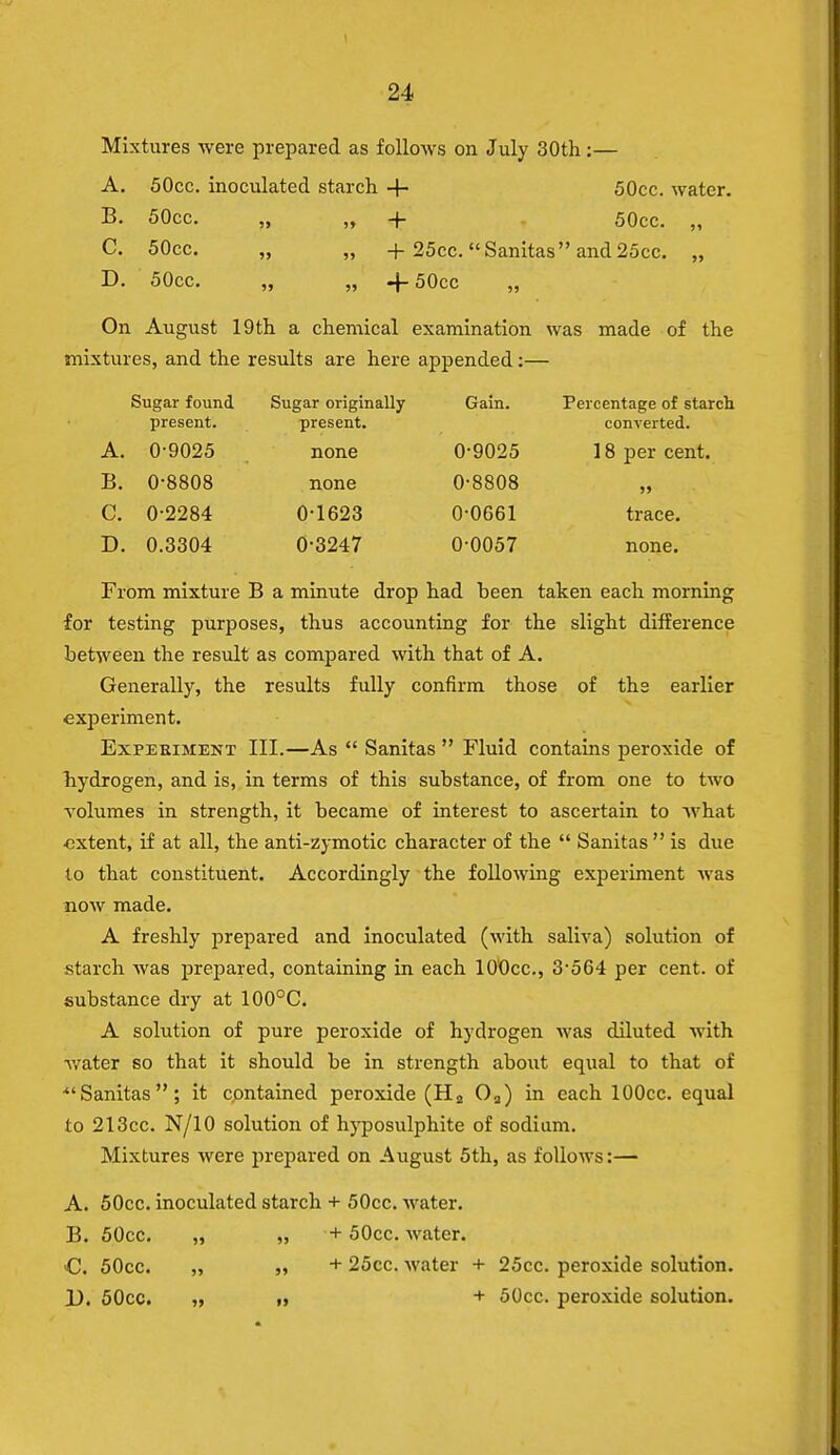 Mixtures were prepared as follows on July 30th:— A. 50cc. inoculated starch 4- 50cc. water. B. 50cc. „ „ + 50cc. „ C. 50cc. „ „ + 25cc. Sanitas and25cc. „ D. 50cc. „ „ -f- 50cc „ On August 19th a chemical examination was made of the mixtures, and the results are here appended:— Sugar found Sugar originally Gain. Percentage of starch present. present. converted. A. 0-9025 none 0-9025 18 per cent. B. 0-8808 none 0-8808 )> C. 0-2284 0-1623 0-0661 trace. D. 0.3304 0-3247 0-0057 none. From mixture B a minute drop had been taken each morning for testing purposes, thus accounting for the slight difference between the result as compared with that of A. Generally, the results fully confirm those of the earlier experiment. Expebiment III.—As  Sanitas  Fluid contains peroxide of hydrogen, and is, in terms of this substance, of from one to two volumes in strength, it became of interest to ascertain to what extent, if at all, the anti-zymotic character of the  Sanitas  is due to that constituent. Accordingly the following experiment was now made. A freshly prepared and inoculated (with saliva) solution of starch was prepared, containing in each lOOcc, 3-564 per cent, of substance dry at 100°C. A solution of pure peroxide of hydrogen was diluted with water so that it should be in strength about equal to that of ■Sanitas; it contained peroxide (H2 02) in each lOOcc. equal to 213cc. N/10 solution of hyposulphite of sodium. Mixtures were prepared on August 5th, as follows:— A. 50cc. inoculated starch + 50cc. water. B. 50cc. „ „ + 50cc. water. C 50cc. „ + 25cc. water + 25cc. peroxide solution. D. 50cc. „ » + 50cc. peroxide solution.