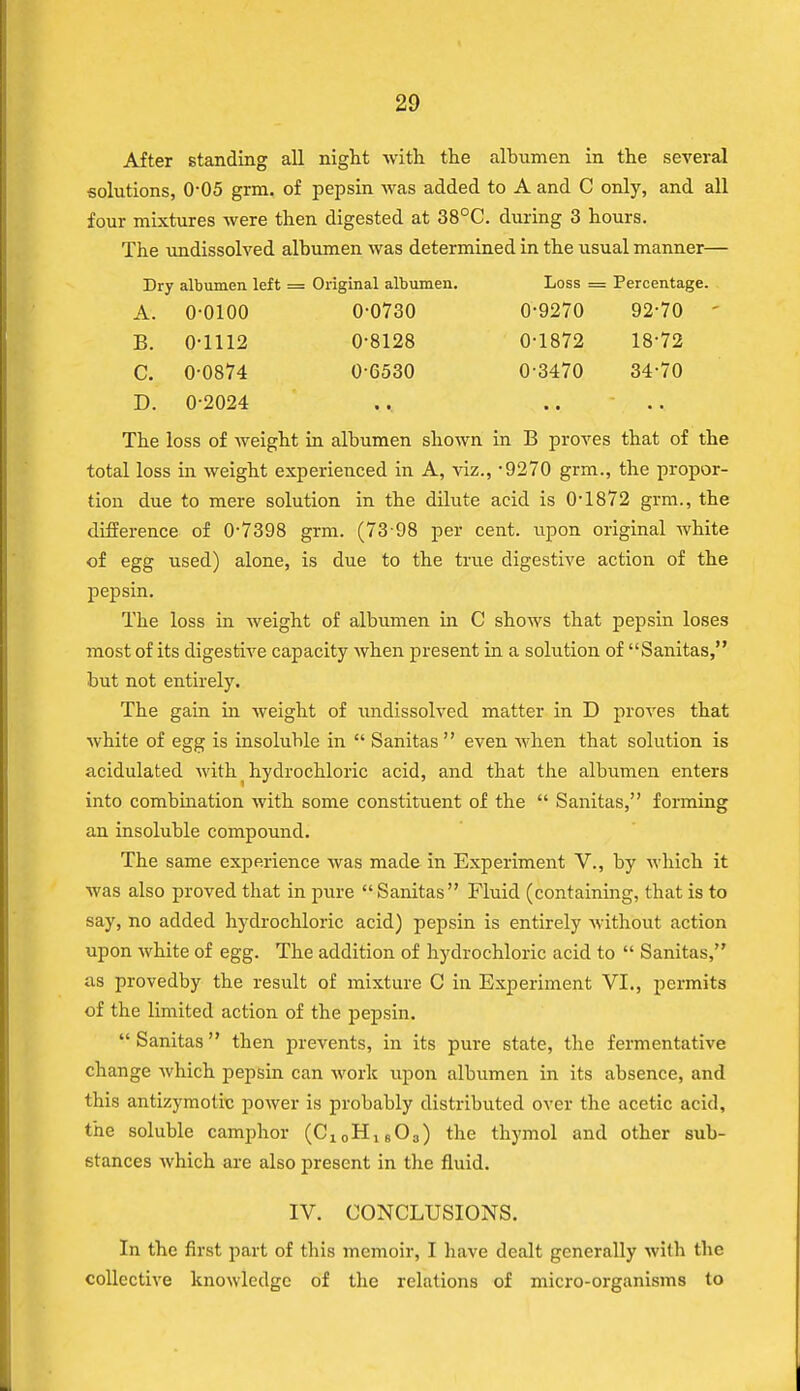 After standing all night with the albumen in the several solutions, 0-05 grm. of pepsin was added to A and C only, and all four mixtures were then digested at 38°C. during 3 hours. The undissolved albumen was determined in the usual manner— Dry albumen left = Original albumen. Loss = Percentage. A. 0-0100 0-0730 0-9270 92-70 B. 0-1112 0-8128 0-1872 18-72 C. 0-0874 0-6530 0-3470 34-70 D. 0-2024 • • • • The loss of weight in albumen shown in B proves that of the total loss in weight experienced in A, viz., -9270 grm., the propor- tion due to mere solution in the dilute acid is 0-1872 grm., the difference of 0-7398 grm. (73 98 per cent, upon original white of egg used) alone, is due to the true digestive action of the pepsin. The loss in weight of albumen in C shows that pepsin loses most of its digestive capacity when present in a solution of Sanitas, but not entirely. The gain in weight of undissolved matter in D proves that white of egg is insoluble in  Sanitas  even when that solution is acidulated with hydrochloric acid, and that the albumen enters into combination with some constituent of the  Sanitas, forming an insoluble compound. The same experience was made in Experiment V., by which it was also proved that in pure Sanitas Fluid (containing, that is to say, no added hydrochloric acid) pepsin is entirely without action upon white of egg. The addition of hydrochloric acid to  Sanitas, as provedby the result of mixture C in Experiment VI., permits of the limited action of the pepsin.  Sanitas then prevents, in its pure state, the fermentative change which pepsin can work upon albumen in its absence, and this antizymotic power is probably distributed over the acetic acid, the soluble camphor (C10H1BO3) the thymol and other sub- stances which are also present in the fluid. IV. CONCLUSIONS. In the first part of this memoir, I have dealt generally with the collective knowledge of the relations of micro-organisms to