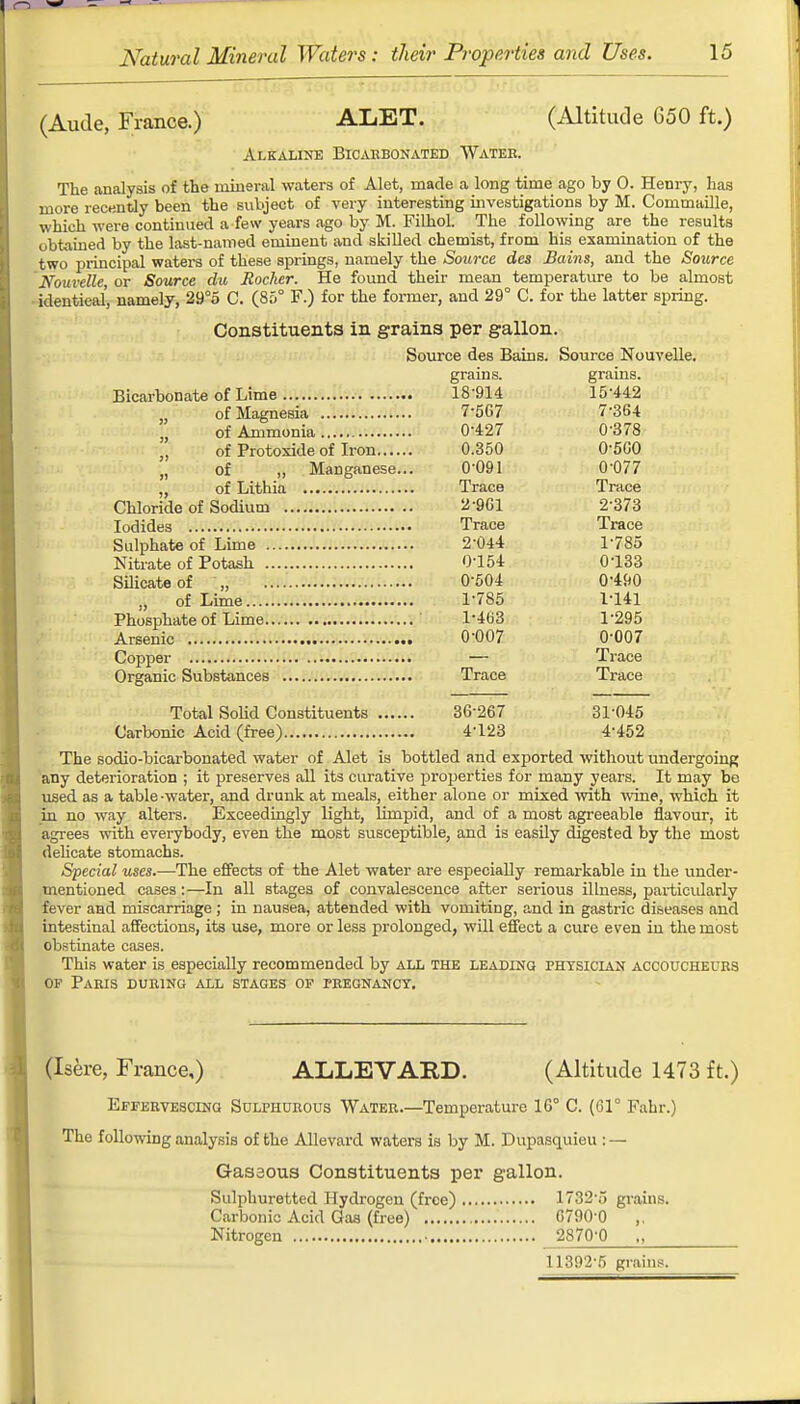 ■ : .aoiiB% ieq wnei/JiienoO biloQ (Aude, France.) AIiET. (Altitude 650 ft.) Alkaline Bicarbonated Water. The analysis of the mineral waters of Alet, made a long time ago by 0. Henry, has more recently been the subject of very interesting investigations by M. Commaille, which were continued a few years ago by M. Filhol. The following are the results obtained by the last-named eminent and skilled chemist, from his examination of the two principal waters of these springs, namely the Source des Bains, and the Source Nouvelle, or Source du Rocher. He found their mean temperature to be almost identical, namely, 29°5 C. (85° F.) for the former, and 29° C. for the latter spring. Constituents in grains per gallon. Source des Bains. Source Nouvelle. grains. grains. Bicarbonate of Lime 18-914 15-442 of Magnesia 7-567 7-364 of Ammonia 0427 0-378 of Protoxide of Iron 0.350 0-560 „ of „ Manganese... 0-091 0'077 „ of Lithia Trace Trace Chloride of Sodium 2-961 2'373 Iodides Trace Trace Sulphate of Lime 2044 1-785 Nitrate of Potash Q'154 0133 Silicate of „ 0-504 0-490 „ of Lime 1-785 M41 Phosphate of Lime 1-463 1-295 Arsenic 0'007 0-007 Copper — Trace Organic Substances Trace Trace Total Solid Constituents 36-267 31-045 Carbonic Acid (free) 4-123 4'452 The sodio-bicarbonated water of Alet is bottled and exported without undergoing any deterioration ; it preserves all its curative properties for many years. It may be used as a table-water, and drunk at meals, either alone or mixed with wine, which it in no way alters. Exceedingly light, limpid, and of a most agreeable flavour, it agrees with everybody, even the most susceptible, and is easily digested by the most delicate stomachs. Special uses.—The effects of the Alet water are especially remarkable in the under- mentioned cases:—In all stages of convalescence after serious illness, particularly fever and miscarriage ; in nausea, attended with vomiting, and in gastric diseases and intestinal affections, its use, more or less prolonged, will effect a cure even in the most obstinate cases. This water is especially recommended by all the leading physician accoucheurs of Paris during all stages of pregnancy. (Isere, France,) ALLEVARD. (Altitude 1473 ft.) Effervescing Sulphurous Water.—Temperature 16° C. (61° Fahr.) The following analysis of the Allevard waters is by M. Dupasquieu : — Gaseous Constituents per gallon. Sulphuretted Hydrogen (free) 1732-5 grains. Carbonic Acid Gas (free) 6790-0 ,. Nitrogen • 287Q-Q 11392-5 grains.