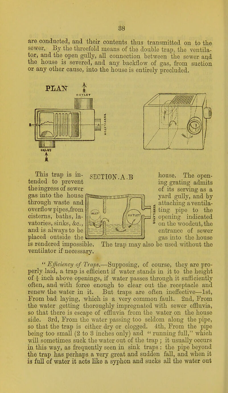 are conducted, and tlaeii- contents thus transmitted on to the sewer. By the threefold means of the douhle trap, the ventila- tor, and the open gully, all connection between the sewer and the house is severed, and any backflow of gas, from suction or any other cause, into the house is entu-ely precluded. PLAisr t UiLOT Jl This trap is in- tended to prevent the ingress of sewer gas into the house through waste and overflow pipes,from cisterns, baths, la- vatories, sinks, &c., and is always to be placed outside the ^ is rendered impossible, ventilator if necessary. SECTION. A.B house. The open- ing grating admits of its serving as a yard gully, and by attaching a ventila- ting pipe to the opening indicated on the woodcut, the entrance of sewer gas into the house The trap may also be used without the  Efficiency of Traps.—Supposing, of com'se, they are pro- perly laid, a trap is efficient if water stands in it to the height of f inch above openings, if water passes through it sufficiently often, and with force enough to clear out the receptacle and renew the water in it. But traps are often ineffective—1st, From bad laying, which is a very common fault. 2nd, From the water getting thoroughly impregnated with sewer effluvia, so that there is escape of effluvia from the water on the house side. Brd, From the water passing too seldom along the pipe, so that the trap is either dry or clogged. 4th, From the pipe being too small (2 to 3 inches only) and  running full, which will sometimes suck the water out of the trap ; it usually occui's in this way, as frequently seen in sink traps : the pipe beyond the trap has perhaps a very great and sudden fall, and when it is full of water it acts lilce a syphon and sucks all the water out