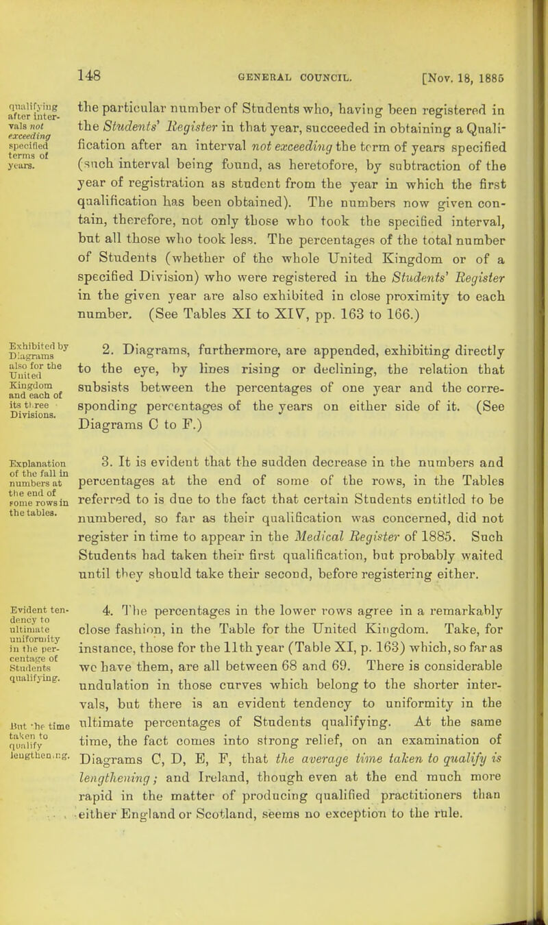 the particular number of Students who, having been registered in the Students' Register in that year, succeeded in obtaining a Quali- fication after an interval no^ea;ceecZm(7 the term of years specified (such interval being found, as heretofore, by subtraction of the year of registration as student from the year in which the first qualification has been obtained). The numbers now given con- tain, therefore, not only those who took the specified interval, but all those who took less. The percentages of the total number of Studeiits (whether of the whole United Kingdom or of a specified Division) who were registered in the Students' Register in the given year are also exhibited in close proximity to each number. (See Tables XI to XIV, pp. 163 to 166.) 2. Diagrams, furthermore, are appended, exhibiting directly to the eye, by lines rising or declining, the relation that subsists between the percentages of one year and the corre- sponding percentages of the years on either side of it. (See Diagrams C to F.) 3. It is evident that the sudden decrease in the numbers and percentages at the end of some of the rows, in the Tables referred to is due to the fact that certain Students entitled to be numbered, so far as their qualification was concerned, did not register in time to appear in the Medical Register of 1885. Such Students had taken their first qualification, but; probably waited until tliey should take their second, before registering either. 4. Tlie percentages in the lower rows agree in a remarkably close fashi'm, in the Table for the United Kingdom. Take, for instance, those for the 11th year (Table XI, p. 163) which, so far as wc have them, are all between 68 and 69. There is considerable undulation in those curves which belong to the shorter inter- vals, but there is an evident tendency to uniformity in the ultimate percentages of Students qualifying. At the same time, the fact comes into strong relief, on an examination of Diagrams C, D, E, F, that the average time taken to qualify is lengthening; and Ireland, though even at the end much more rapid in the matter of producing qualified practitioners than either England or Scotland, seems no exception to the rtile. i