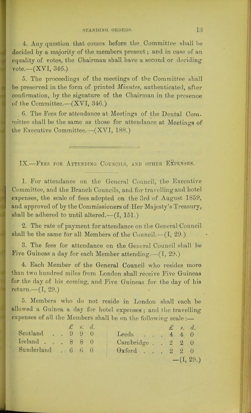 4. Any qnestion that comes before the Oommitteo sliall bo decided by a majority of the members present; and in case of an equality of votes, the Chairmaa shall have a second or deciding vote.—(XVI, 346.) 5. The proceedings of the meetings of the Commitfee shall be preserved in the form of printed Minutes, authenticated, after confirmation, by the signature of the Chairman in the presence of the Committee.—(XVI, 346.) 6. The Fees for attendance at Meetings of the Dental Cora- 'uittee shall be the same aa those for attendance at Meetinn-s of the E.\ecutiye Committee.—(XVI, 188.) IX.—Fees for Attending Councils, and other E£pensks. 1. For attendance on the General Council, the Executive Committee, and the Branch Councils, and for travelling and hotel expenses, the scale of fees adopted on the 3rd of August 1859, and approved of by the Commissioners of Her Majesty's Treasury, shall be adhered to until altered.—(I, 161.) 2. The rate of payment for attendance on tlie General Council shall be the same for all Members of the Cunncil.—(I, 29.) 3. The fees for attendance on the Genti'al Council shall be Five Guineas a day for each Member attending.—(I, 29.) 4. Each Member of the General Council who resides more than two hundred miles from London shall receive Five Guineas for the day of his coming, and Five Guineas for the day of his return.—(I, 29.) 5. Members who do not reside in London shall each be allowed a Guinea a day for hotel expenses ; and the travelling expenses of all the Members shall be on the following scale:— £ d. £ s. d. Scotland ..9 9 0 Leeds ... 4 4 0 Ireland ... 8 8 0 Ca7nbridge ..220 Sunderland . 0 (J 0 Oxford ... 2 2 0 -(I. 29.)