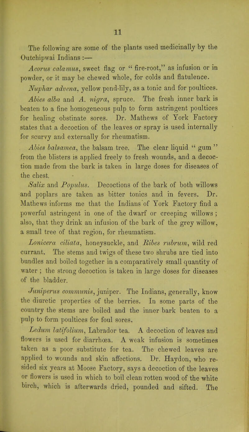 The following are some of the plants used medicinally by the Outchipwai Indians :— Acorns calamus, sweet flag or  fire-root, as infusion or in powder, or it may be chewed whole, for colds and flatulence. Nuphar advena. yellow pond-lily, as a tonic and for poultices. Abies alba and A. nigra, spruce. The fresh inner bark is beaten to a fine homogeneous pulp to form astringent poultices for healing obstinate sores. Dr. Mathews of York Factory states that a decoction of the leaves or spray is used internally for scurvy and externally for rheumatism. Abies balsamea, the balsam tree. The clear liquid  gum  from the blisters is applied freely to fresh wounds, and a decoc- tion made from the bark is taken in large doses for diseases of the chest. Salix and Populus. Decoctions of the bark of both willows and poplars are taken as bitter tonics and in fevers. Dr. Mathews informs me that the Indians of York Factory find a powerful astringent in one of the dwarf or creeping willows ; also, that they drink an infusion of the bark of the grey willow, a small tree of that region, for rheumatism. Lonicera ciliata, honeysuckle, and Ribes rubrum, wild red currant. The stems and twigs of these two shrubs are tied into bundles and boiled together in a comparatively small quantity of water ; the strong decoction is taken in large doses for diseases of the bladder. Juniperus communis, juniper. The Indians, generally, know the diuretic properties of the berries. In some parts of the country the stems are boiled and the inner bark beaten to a pulp to form poultices for foul sores. Ledum latifolium, Labrador tea. A decoction of leaves and flowers is used for diarrhoea. A weak infusion is sometimes taken as a poor substitute for tea. The chewed leaves are applied to wounds and skin affections. Dr. Haydon, who re- sided six years at Moose Factory, says a decoction of the leaves or flowers is used in which to boil clean rotten wood of the white birch, which is afterwards dried, pounded and sifted. The