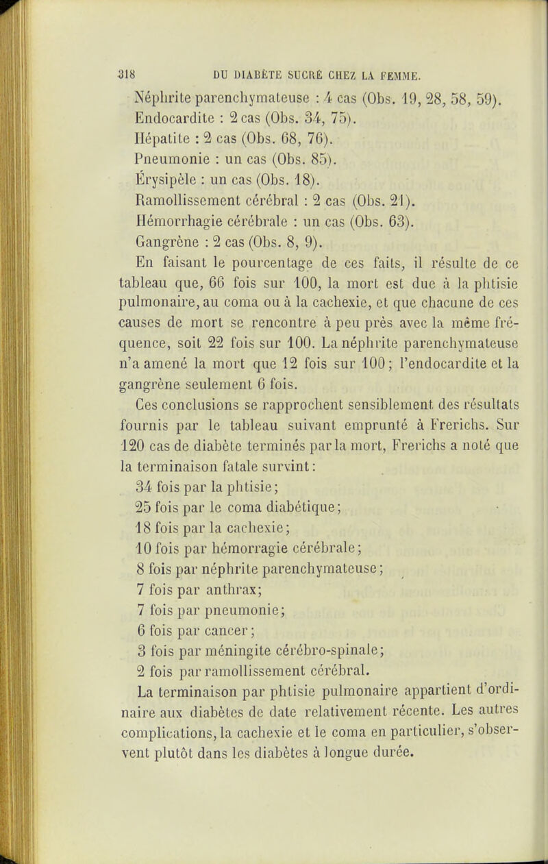 Néplirite parenchymateuse : ^ cas (Obs. 19, 28, 58, 59). Endocardite : 2 cas (Obs. 3/*, 75). Ilépatile : 2 cas (Obs. 68, 76). Pneumonie : un cas (Obs. 85). Érysipèle : un cas (Obs. 48). Ramollissement cérébral : 2 cas (Obs. 21). Hémorrhagie cérébrale : un cas (Obs. 63). Gangrène : 2 cas (Obs. 8, 9). En faisant le pourcentage de ces faits, il résulte de ce tableau que, 66 fois sur 100, la mort est due à la phtisie pulmonaire, au coma ou à la cachexie, et que chacune de ces causes de mort se rencontre à peu près avec la même fré- quence, soit 22 fois sur 100. La néphrite parenchymateuse n'a amené la mort que 12 fois sur 100; l'endocardite et la gangrène seulement 6 fois. Ces conclusions se rapprochent sensiblement des résultais fournis par le tableau suivant emprunté à Frerichs. Sur 120 cas de diabète terminés parla mort, Frerichs a noté que la terminaison fatale survint : 3-4 fois par la phtisie; 25 fois par le coma diabétique; 18 fois par la cachexie; 10 fois par hémorragie cérébrale; 8 fois par néphrite parenchymateuse ; 7 fois par anthrax; 7 fois par pneumonie; 6 fois par cancer ; 3 fois par méningite cérébro-spinale; 2 fois par ramollissement cérébral. La terminaison par phtisie pulmonaire appartient d'ordi- naire aux diabètes de date relativement récente. Les autres complications, la cachexie et le coma en particulier, s'obser- vent plutôt dans les diabètes à longue durée.