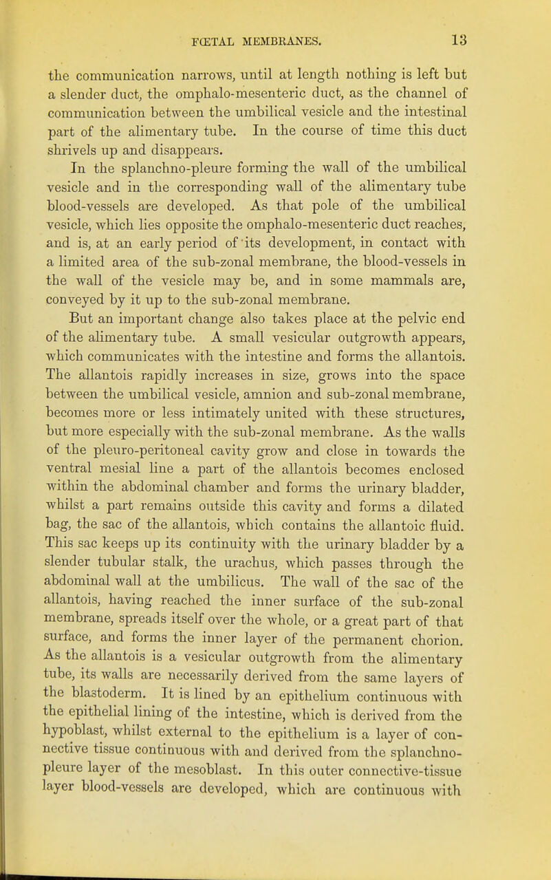 the communication narrows, until at length nothing is left but a slender duct, the omphalo-mesenteric duct, as the channel of communication between the umbilical vesicle and the intestinal part of the alimentary tube. In the course of time this duct shrivels up and disappears. In the splanchno-pleure forming the wall of the umbilical vesicle and in the corresponding wall of the alimentary tube blood-vessels are developed. As that pole of the umbilical vesicle, which lies opposite the omphalo-mesenteric duct reaches, and is, at an early period of its development, in contact with a limited area of the sub-zonal membrane, the blood-vessels in the wall of the vesicle may be, and in some mammals are, conveyed by it up to the sub-zonal membrane. But an important change also takes place at the pelvic end of the ahmentary tube. A small vesicular outgrowth appears, which communicates with the intestine and forms the allantois. The allantois rapidly increases in size, grows into the space between the umbilical vesicle, amnion and sub-zonal membrane, becomes more or less intimately united with these structures, but more especially with the sub-zonal membrane. As the walls of the pleuro-peritoneal cavity grow and close in towards the ventral mesial line a part of the allantois becomes enclosed within the abdominal chamber and forms the urinary bladder, whilst a part remains outside this cavity and forms a dilated bag, the sac of the allantois, which contains the allantoic fluid. This sac keeps up its continuity with the urinary bladder by a slender tubular stalk, the urachus, which passes through the abdominal wall at the umbilicus. The wall of the sac of the allantois, having reached the inner surface of the sub-zonal membrane, spreads itself over the whole, or a great part of that surface, and forms the inner layer of the permanent chorion. As the allantois is a vesicular outgrowth from the alimentary tube, its walls are necessarily derived from the same layers of the blastoderm. It is lined by an epithelium continuous with the epithelial lining of the intestine, which is derived from the hypoblast, whilst external to the epithelium is a layer of con- nective tissue continuous with and derived from the splanchno- pleure layer of the mesoblast. In this outer connective-tissue layer blood-vessels are developed, which are continuous with
