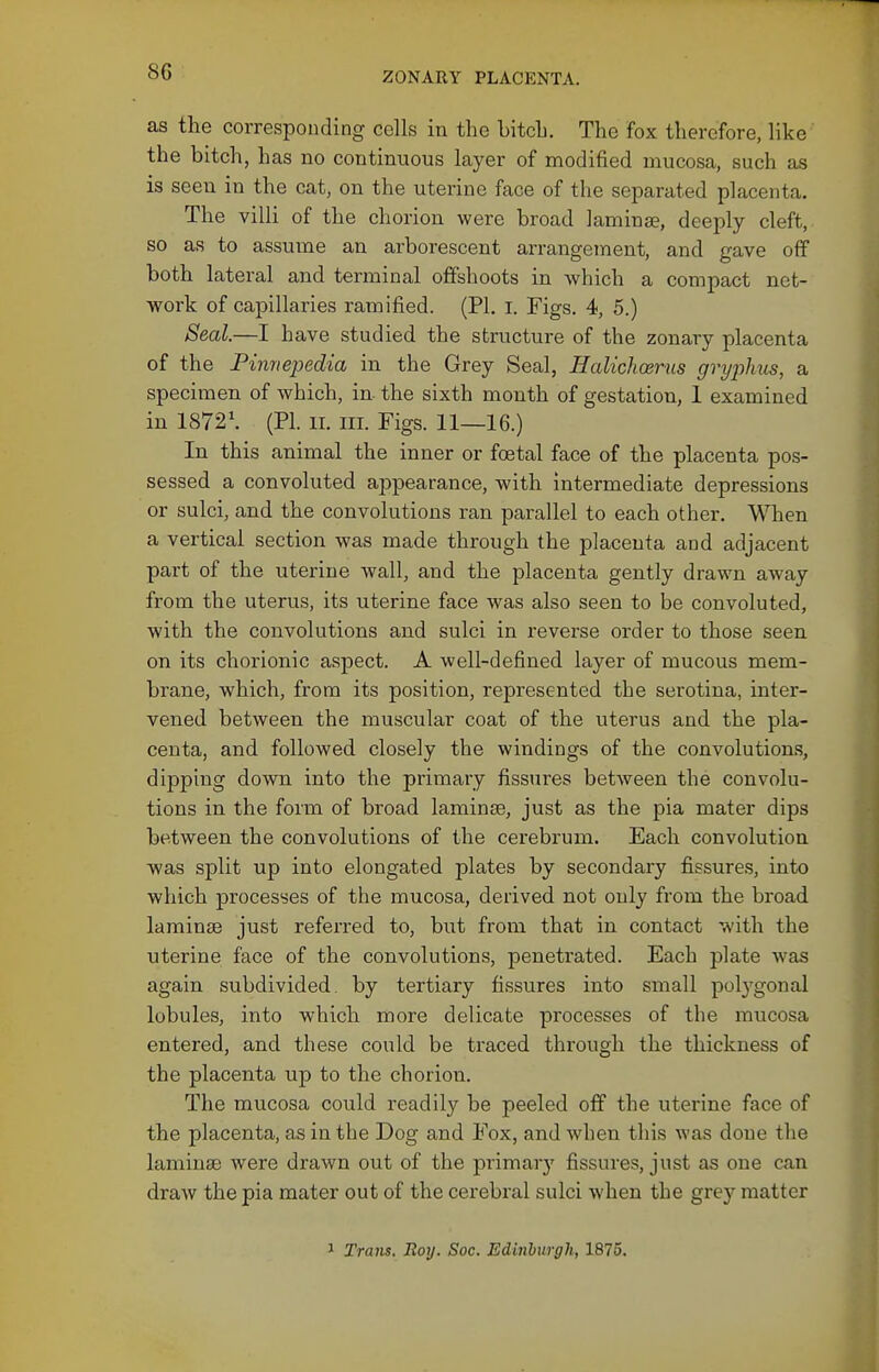 as the corresponding cells in the bitch. The fox therefore, like the bitch, has no continuous layer of modified mucosa, such as is seen in the cat, on the uterine face of the separated placenta. The villi of the chorion were broad laminae, deeply cleft, so as to assume an arborescent arrangement, and gave off both lateral and terminal offshoots in which a compact net- work of capillaries ramified. (PI. i. Figs. 4, 5.) Seal—I h ave studied the structure of the zonary placenta of the Pinriepedia in the Grey Seal, Halichoerus gryjohus, a specimen of which, in the sixth month of gestation, 1 examined in 1872\ (PI. II. III. Figs. 11—16.) In this animal the inner or foetal face of the placenta pos- sessed a convoluted appearance, with intermediate depressions or sulci, and the convolutions ran parallel to each other. When a vertical section was made through the placenta and adjacent part of the uterine Avail, and the placenta gently drawn away from the uterus, its uterine face was also seen to be convoluted, with the convolutions and sulci in reverse order to those seen on its chorionic aspect. A well-defined layer of mucous mem- brane, which, from its position, represented the serotina, inter- vened between the muscular coat of the uterus and the pla- centa, and followed closely the windings of the convolutions, dipping down into the primary fissures between the convolu- tions in the form of broad laminae, just as the pia mater dips between the convolutions of the cerebrum. Each convolution was split up into elongated plates by secondary fissures, into which processes of the mucosa, derived not only from the broad laminse just referred to, but from that in contact with the uterine face of the convolutions, penetrated. Each plate was again subdivided, by tertiary fissures into small polygonal lobules, into which more delicate processes of the mucosa entered, and these could be traced through the thickness of the placenta up to the chorioii. The mucosa could readily be peeled off the uterine face of the placenta, as in the Dog and Fox, and when this was done the laminse were drawn out of the primary fissures, just as one can draw the pia mater out of the cerebral sulci when the grey matter J Trails. Roy. Soc. Edinburgh, 1875.