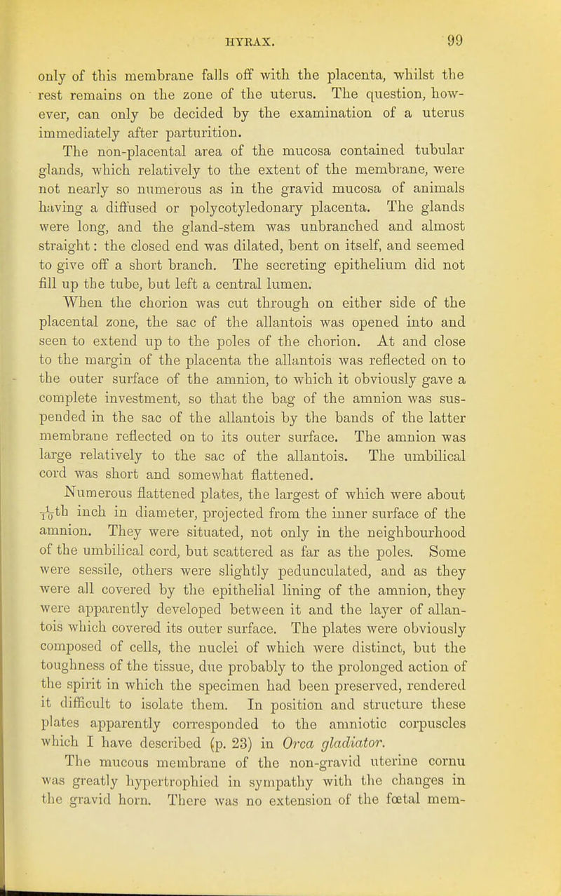 only of this membrane falls off with the placenta, whilst the rest remains on the zone of the uterus. The question, how- ever, can only be decided by the examination of a uterus immediately after parturition. The non-placental area of the mucosa contained tubular glands, which relatively to the extent of the membrane, were not nearly so numerous as in the gravid mucosa of animals having a diftused or polycotyledonary placenta. The glands were long, and the gland-stem was unbranched and almost straight: the closed end was dilated, bent on itself, and seemed to give off a short branch. The secreting epithelium did not fill up the tube, but left a central lumen. When the chorion was cut through on either side of the placental zone, the sac of the allantois was opened into and seen to extend up to the poles of the chorion. At and close to the margin of the placenta the allantois was reflected on to the outer surface of the amnion, to which it obviously gave a complete investment, so that the bag of the amnion was sus- pended in the sac of the allantois by the bands of the latter membrane reflected on to its outer surface. The amnion was large relatively to the sac of the allantois. The umbilical cord was short and somewhat flattened. Nu merous flattened plates, the largest of which were about yijth inch in diameter, projected from the inner surface of the amnion. They were situated, not only in the neighbourhood of the umbilical cord, but scattered as far as the poles. Some were sessile, others were slightly pedunculated, and as they were all covered by the epithelial lining of the amnion, they were apparently developed between it and the layer of allan- tois Avhicli covered its outer surface. The plates were obviously composed of cells, the nuclei of which were distinct, but the toughness of the tissue, due probably to the prolonged action of the spirit in which the specimen had been preserved, rendered it difficult to isolate them. In position and structure these plates apparently corresponded to the amniotic corpuscles which I have described (p. 23) in Orca gladiator. The mucous membrane of the non-gravid uterine cornu was greatly hypertrophied in sympathy with the changes in the gravid horn. There was no extension of the foetal mem-