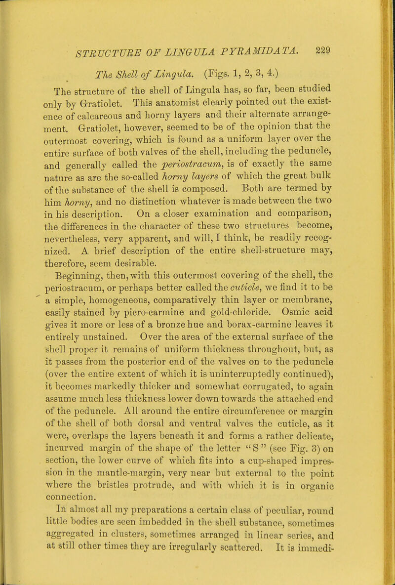 The Shell of Lingula. (Figs. 1, 2, 3, 4.) The structure of the shell of Lingula has, so far, been studied only by Gratiolet. This anatomist clearly pointed out the exist- ence of calcareous and horny layers and their alternate arrange- ment. Gratiolet, however, seemed to be of the opinion that the outermost covering, which is found as a uniform layer over the entire surface of both valves of the shell, including the peduncle, and generally called the periostracum, is of exactly the same nature as are the so-called horny layers of which the great bulk of the substance of the shell is composed. Both are termed by him homy, and no distinction whatever is made between the two in his description. On a closer examination and comparison, the differences in the character of these two structures become, nevertheless, very apparent, and will, I think, be readily recog- nized. A brief description of the entire Bhell-structure may, therefore, seem desirable. Beginning, then, with this outermost covering of the shell, the periostracum, or perhaps better called the cuticle, we find it to be a simple, homogeneous, comparatively thin layer or membrane, easily stained by picro-carmine and gold-chloride. Osmic acid gives it more or less of a bronze hue and borax-carmine leaves it entirely unstained. Over the area of the external surface of the shell proper it remains of uniform thickness throughout, but, as it passes from the posterior end of the valves on to the peduncle (over the entire extent of which it is uninterruptedly continued), it becomes markedly thicker and somewhat corrugated, to again assume much less thickness lower down towards the attached end of the peduncle. All around the entire circumference or margin of the shell of both dorsal and ventral valves the cuticle, as it were, overlaps the layers beneath it and forms a rather delicate, incurved margin of the shape of the letter  S  (see Fig. 3) on section, the lower curve of which fits into a cup-shaped impres- sion in the mantle-margin, very near but external to the point where the bristles protrude, and with which it is in organic connection. In almost all my preparations a certain class of peculiar, round little bodies are seen imbedded in the shell substance, sometimes aggregated in clusters, sometimes arranged in linear series, and at still other times they are irregularly scattered. It is immedi-