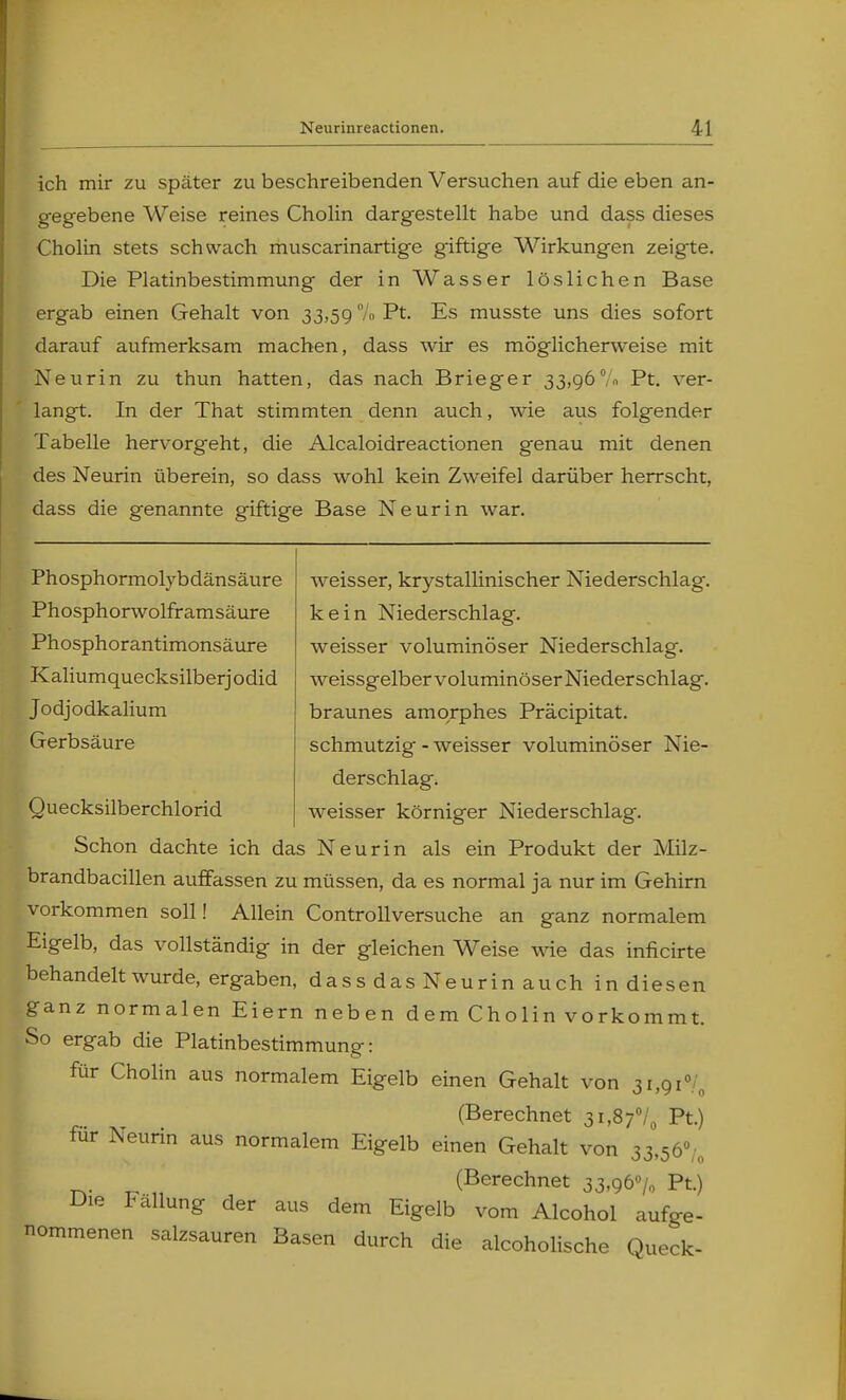 ich mir zu später zu beschreibenden Versuchen auf die eben an- gegebene Weise reines Cholin dargestellt habe und dass dieses Cholin stets schwach muscarinartige giftige Wirkungen zeigte. Die Platinbestimmung der in Wasser löslichen Base ergab einen Gehalt von 33,59 Va Pt. Es musste uns dies sofort darauf aufmerksam machen, dass wir es möglicherweise mit Neurin zu thun hatten, das nach Brieger 33,96% Pt. ver- langt. In der That stimmten denn auch, wie aus folgender Tabelle hervorgeht, die Alcaloidreactionen genau mit denen des Neurin überein, so dass wohl kein Zweifel darüber herrscht, dass die genannte giftige Base Neurin war. Phosphormolybdänsäure Phosphorwolframsäure Phosphorantimonsäure Kaliumquecksilberjodid Jodjodkalium Gerbsäure Quecksilberchlorid weisser, krystallinischer Niederschlag, kein Niederschlag, weisser voluminöser Niederschlag, weissgelber voluminöser Niederschlag, braunes amorphes Präcipitat. schmutzig - weisser voluminöser Nie- derschlag, weisser körniger Niederschlag. Schon dachte ich das Neurin als ein Produkt der Milz- brandbacillen auffassen zu müssen, da es normal ja nur im Gehirn vorkommen soll! Allein Controllversuche an ganz normalem Eigelb, das vollständig in der gleichen Weise wie das inficirte behandelt wurde, ergaben, dass das Neurin auch in diesen ganz normalen Eiern neben dem Cholin vorkommt. So ergab die Platinbestimmung: für Cholin aus normalem Eigelb einen Gehalt von 31,91°/,, (Berechnet 31,87°/, Pt.) für Neurin aus normalem Eigelb einen Gehalt von 33,56 n (Berechnet 33.96% Pt.) Die Fällung der aus dem Eigelb vom Alcohol aufge- nommenen salzsauren Basen durch die alcoholische Queck-