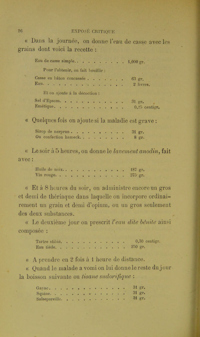 « Dans la journée, on donne l'eau de casse avec les grains dont voici la recette : Eau de casse simple 1,000 gr. Pour l'obtenir, on fait bouillir : Casse en bâton concassée 63 gr. Eau 2 livres! lit on ajoute à la décoction : Sel d'Epsom 31 gr. Emétique 0,?5 centigr. « Quelques fois on ajoute si la maladie est grave : Sirop de nerprun 31 gr. Ou confection hameck 8 gr. « Le soir à 5 heures, on donne le lavement anodin, fait avec : Huile de noix 187 gr. Vin rouge 375 gr. « Et à 8 heures du soir, on administre encore un gros et demi de thériaque dans laquelle on incorpore ordinai- rement un grain et demi d'opium, ou un gros seulement des deux substances. « Le deuxième jour on prescrit Veau dite bénite ainsi composée : Tartre stibié 0,30 centigr. Eau tiède 250 gr. « A prendre en 2 fois à 1 heure de distance. « Quand le malade a vomi on lui donne le reste du jour la boisson suivante ou tisane sudorifique : Gayac 31 gr. Squine 31 gr. Salsepareille 31 gr.