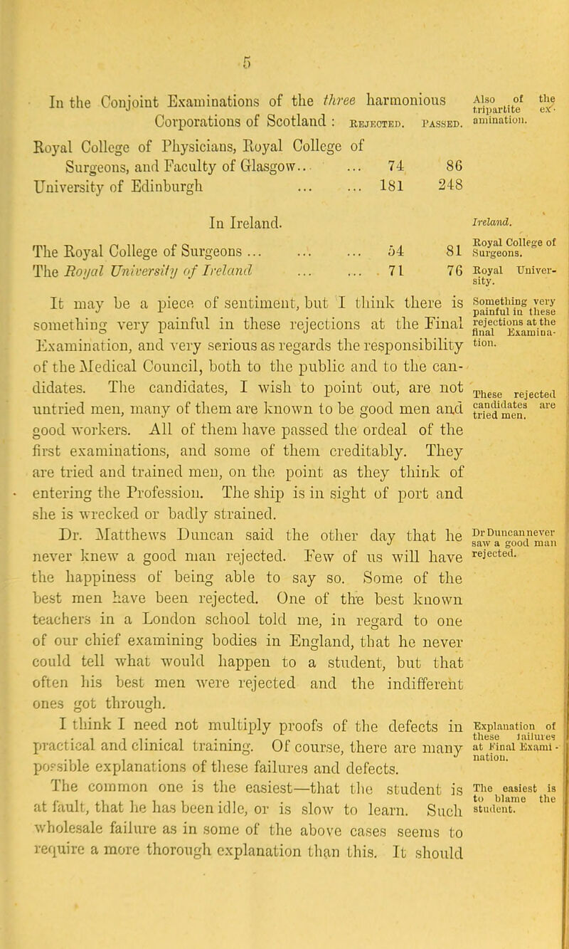 These rejected are tried men. In the Conjoint Examinations of the three harmonious Also of the Corporations of Scotland : rejected, passed, amination. Royal College of Physicians, Eoyal College of Surgeons, and Faculty of Glasgow... ... 74 86 University of Edinburgh 181 248 In Ireland. Ireland. The Royal College of Surgeons 64 81 su/gions^''^ °* The Roi/al Universify of Ireland ... .... 71 76 Royal Univer- sity. It may he a piece of sentiment, but I tliiuk there is something very ^ painful in these something very XDainful in these rejections at the Final fln^ai^^°amVn!v Examination, and very serious as regards the responsibility o- of the Medical Council, both to the public and to the can- didates. The candidates, I wish to point out, are not untried men, many of them are known to be good men and tr^'^'men^ good workers. All of them have passed the ordeal of the first examinations, and some of them creditably. They are tried and trained men, on the point as they think of entering the Profession. The ship is in sight of port and she is wrecked or badly strained. Dr. Matthews Duncan said the other day that he faw°a'lXman never knew a good man rejected. Tew of tis will have rejected, the happiness of being able to say so. Some of the best men have been rejected. One of tliB best known teachers in a London school told me, in regard to one of our chief examining bodies in England, that he never could tell what would happen to a student, but that often his best men were rejected and the indifferent ones got through. I think I need not multiply proofs of the defects in Explanation oi , . . . . these lailuii- X)Tacticai and clinical training. Of course, there are many at ^'iofii nxami • •11 ^ • f 1 n •-. nation. po?sible explanations of these failures and defects. The common one is the easiest—that the student is The easiest i< at fault, that he has been idle, or is slow to learn. Such student, wholesale failure as in some of the above cases seems to require a more thorough explanation th?in this. It should