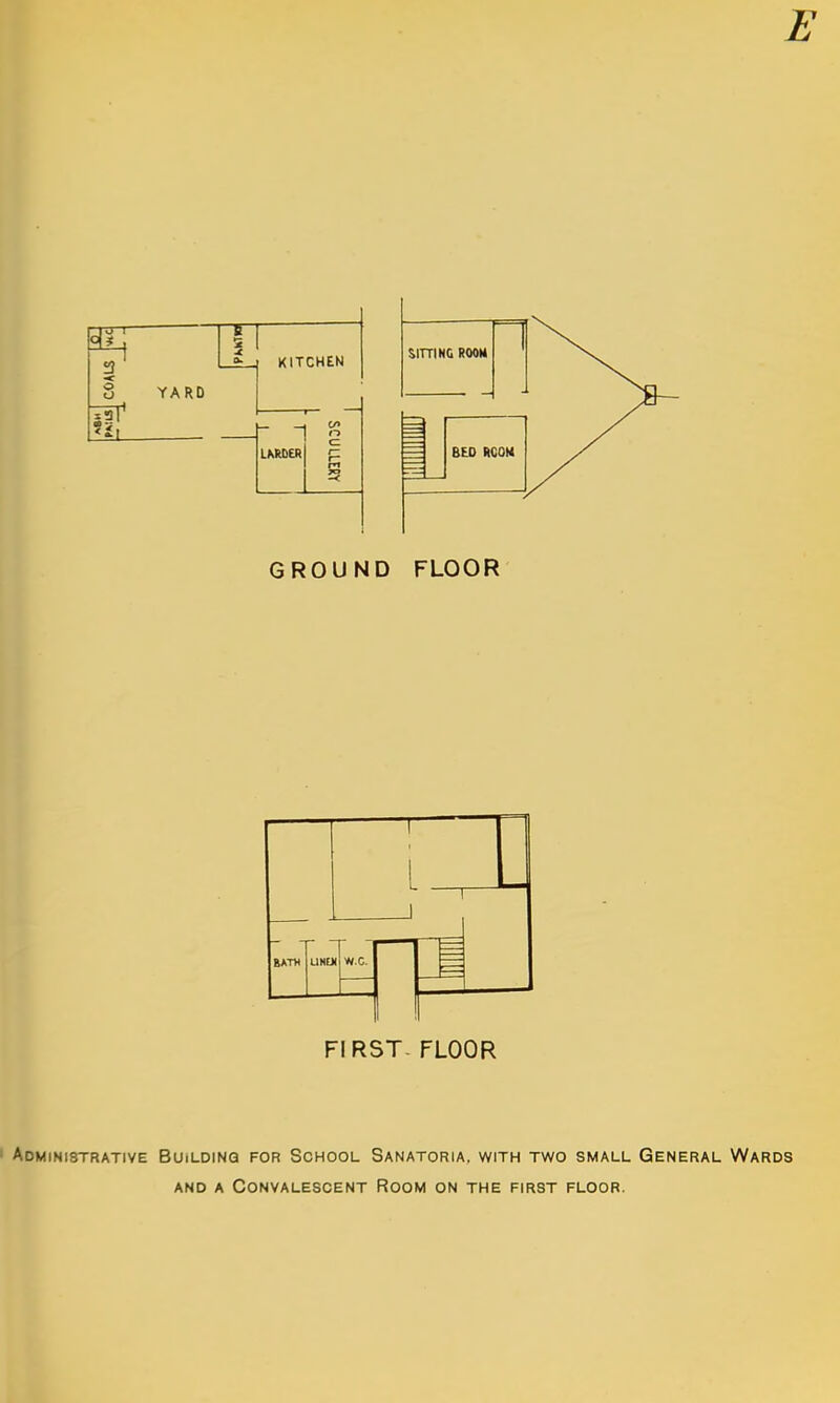 E GROUND FLOOR FIRST- FLOOR Administrative Buildinq for School Sanatoria, with two small General Wards AND a Convalescent Room on the first floor.