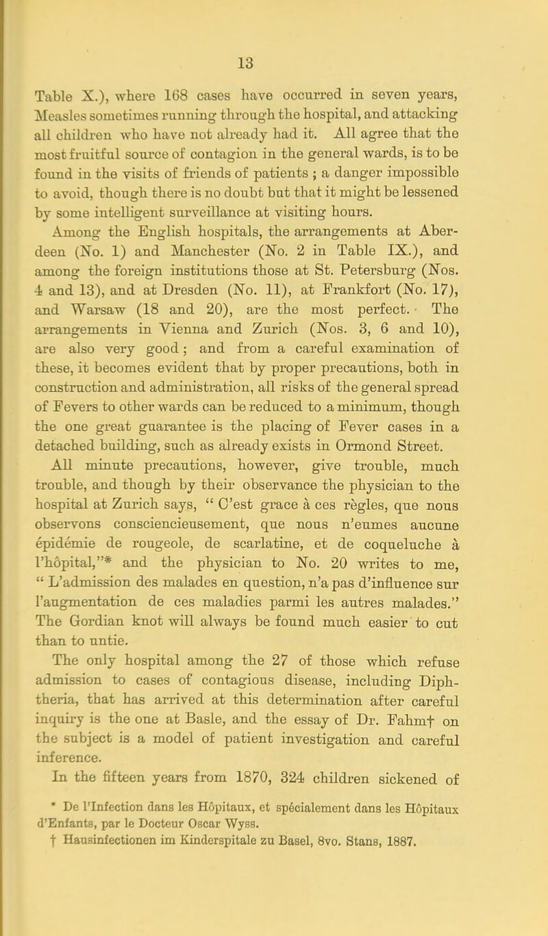 Table X.), where 1G8 cases have occurred in seven years, Measles sometimes running through the hospital, and attacking all children who have not already had it. All agree that the most fruitful source of contagion in the general wards, is to be found in the visits of friends of patients ; a danger impossible to avoid, though there is no doubt but that it might be lessened by some intelligent surveillance at visiting hours. Among the English hospitals, the arrangements at Aber- deen (No. 1) and Manchester (No. 2 in Table IX.), and among the foreign institutions those at St. Petersburg (Nos. 4< and 13), and at Dresden (No. 11), at Frankfort (No. 17), and Warsaw (18 and 20), are the most perfect. • The arrangements in Vienna and Zurich (Nos. 3, 6 and 10), are also very good; and from a careful examination of these, it becomes evident that by proper precautions, both in construction and administration, all risks of the general spread of Fevers to other wards can be reduced to a minimum, though the one great guarantee is the placing of Fever cases in a detached building, such as already exists in Ormond Street. All minute precautions, however, give trouble, much trouble, and though by their observance the physician to the hospital at Zurich says,  O'est grace a ces regies, que nous observons consciencieusement, que nous n'eumes aucune epidemie de rougeole, de scarlatine, et de coqueluche a I'hopital,* and the physician to No. 20 writes to me,  L'admission des malades en question, n'a pas d'influence sur I'angmentation de ces maladies parmi les autres malades. The Gordian knot will always be found much easier to cut than to untie. The only hospital among the 27 of those which refuse admission to cases of contagious disease, including Diph- theria, that has arrived at this determination after careful inquiry is the one at Basle, and the essay of Dr. Fahmf on the subject is a model of patient investigation and careful inference. In the fifteen years from 1870, 324 children sickened of * De rinfection dans les Hopitaux, et sp^cialement dans les Hopitaux d'Enfants, par le Docteur Oscar Wyss. I Hausinfectionen im Kinderspitale zu Basel, 8vo. Stans, 1887.