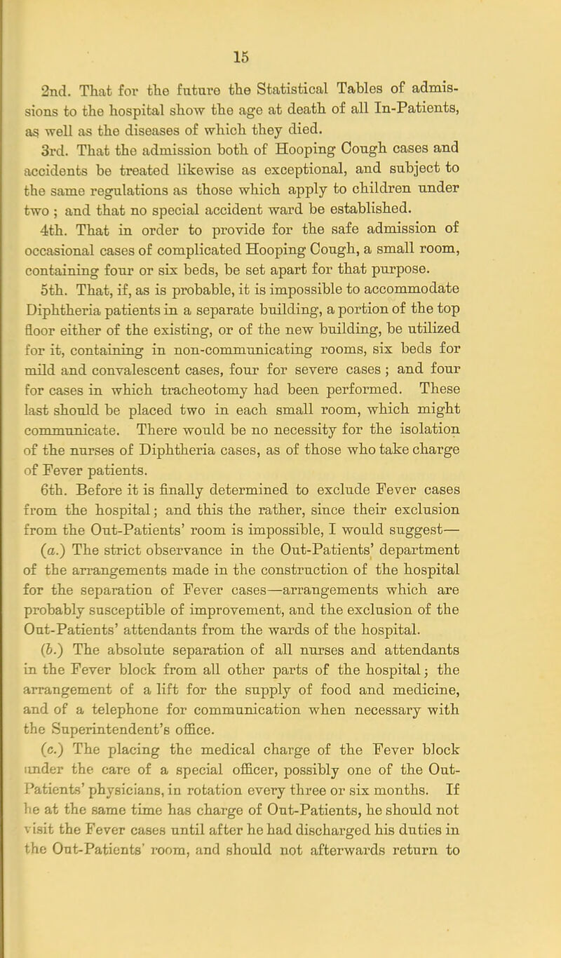 2nd. That for the future the Statistical Tables of admis- sions to the hospital show the age at death of all In-Patients, ag well as the diseases of which they died. 3rd. That the admission both of Hooping Cough cases and accidents be treated likewise as exceptional, and subject to the same regulations as those which apply to children under two ; and that no special accident ward be established. 4th. That in order to provide for the safe admission of occasional cases of complicated Hooping Cough, a small room, containing four or six beds, be set apart for that purpose. 5th. That, if, as is probable, it is impossible to accommodate Diphtheria patients in a separate building, a portion of the top floor either of the existing, or of the new building, be utilized for it, containing in non-communicating rooms, six beds for mild and convalescent cases, four for severe cases ; and four for cases in which tracheotomy had been performed. These last should be placed two in each small room, which might communicate. There would be no necessity for the isolation of the nurses of Diphtheria cases, as of those who take charge of Fever patients. 6th. Before it is finally determined to exclude Fever cases from the hospital; and this the rather, since their exclusion from the Out-Patients' room is impossible, I would suggest— (a.) The strict observance in the Out-Patients' department of the an-angements made in the construction of the hospital for the separation of Fever cases—arrangements which are probably susceptible of improvement, and the exclusion of the Out-Patients' attendants from the wards of the hospital. (b.) The absolute separation of all nurses and attendants in the Fever block from all other parts of the hospital j the arrangement of a lift for the supply of food and medicine, and of a telephone for communication when necessary with the Superintendent's office. (c.) The placing the medical charge of the Fever block under the care of a special officer, possibly one of the Out- Patients' physicians, in rotation every three or six months. If he at the same time has charge of Out-Patients, he should not V isit the Fever cases until after he had discharged his duties in the Out-Patients' room, and should not afterwards return to