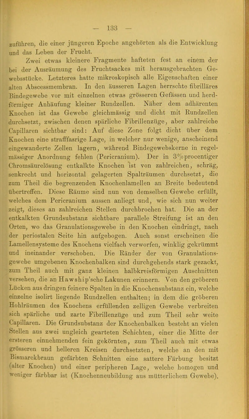 zuführen, die einer jüngeren Epoche angehörten als die Entwicklung und das Leben der Frucht. Zwei etwas kleinere Fragmente hafteten fest an einem der bei der Ausräumung des Fruchtsackes mit herausgebrachten Ge- websstücke. Letzteres hatte mikroskopisch alle Eigenschaften einer alten Abscessmembran. In den äusseren Lagen herrschte fibrilläres Bindegewebe vor mit einzelnen etwas grösseren Gefässen und herd- förmiger Anhäufung kleiner Rundzellen. Näher dem adhärenten Knochen ist das Gewebe gleichmässig und dicht mit Rundzellen durchsetzt, zwischen denen spärliche Fibrillenzüge, aber zahlreiche kapillären sichtbar sind: Auf diese Zone folgt dicht über dem Knochen eine strafffasrige Lage, in welcher nur wenige, anscheinend eingewanderte Zellen lagern, während Bindegewebskerne in regel- mässiger Anordnung fehlen (Pericranium). Der in 3°/oprocentiger Chromsäurelösung entkalkte Knochen ist von zahlreichen, schräg, senkrecht und horizontal gelagerten Spalträumen durchsetzt, die zum Theil die begrenzenden Knochenlamellen an Breite bedeutend übertreffen. Diese Räume sind nun von demselben Gewebe erfüllt, welches dem Pericranium aussen anliegt und, wie sich nun weiter zeigt, dieses an zahlreichen Stellen durchbrochen hat. Die an der entkalkten Grundsubstanz sichtbare parallele Streifung ist an den Orten, wo das Granulationsgewebe in den Knochen eindringt, nach der periostalen Seite hin aufgebogen. Auch sonst erscheinen die Lamellensysteme des Knochens vielfach verworfen, winklig gekrümmt und ineinander verschoben. Die Ränder der von Granulations- gewebe umgebenen Knochenbalken sind durchgehends stark gezackt, zum Theil auch mit ganz kleinen halbkreisförmigen Auschnitten versehen, die an Hawship'sche Lakunen erinnern. Von den gröberen Lücken aus dringen feinere Spalten in die Knochensubstanz ein, welche einzelne isolirt liegende Rundzellen enthalten; in dem die gröberen Hohlräumen des Knochens erfüllenden zelligen Gewebe verbreiten sich spärliche und zarte Fibrillenzüge und zum Theil sehr weite kapillären. Die Grundsubstanz der Knochenbalken besteht an vielen Stellen aus zwei ungleich gearteten Schichten, einer die Mitte der ersteren einnehmenden fein gekörnten, zum Theil auch mit etwas grösseren und helleren Kreisen durchsetzten, welche an den mit Bismarckbraun gefärbten Schnitten eine sattere Färbung besitzt (alter Knochen) und einer peripheren Lage, welche homogen und weniger färbbar ist (Knochenneubildung aus mütterlichem Gewebe).