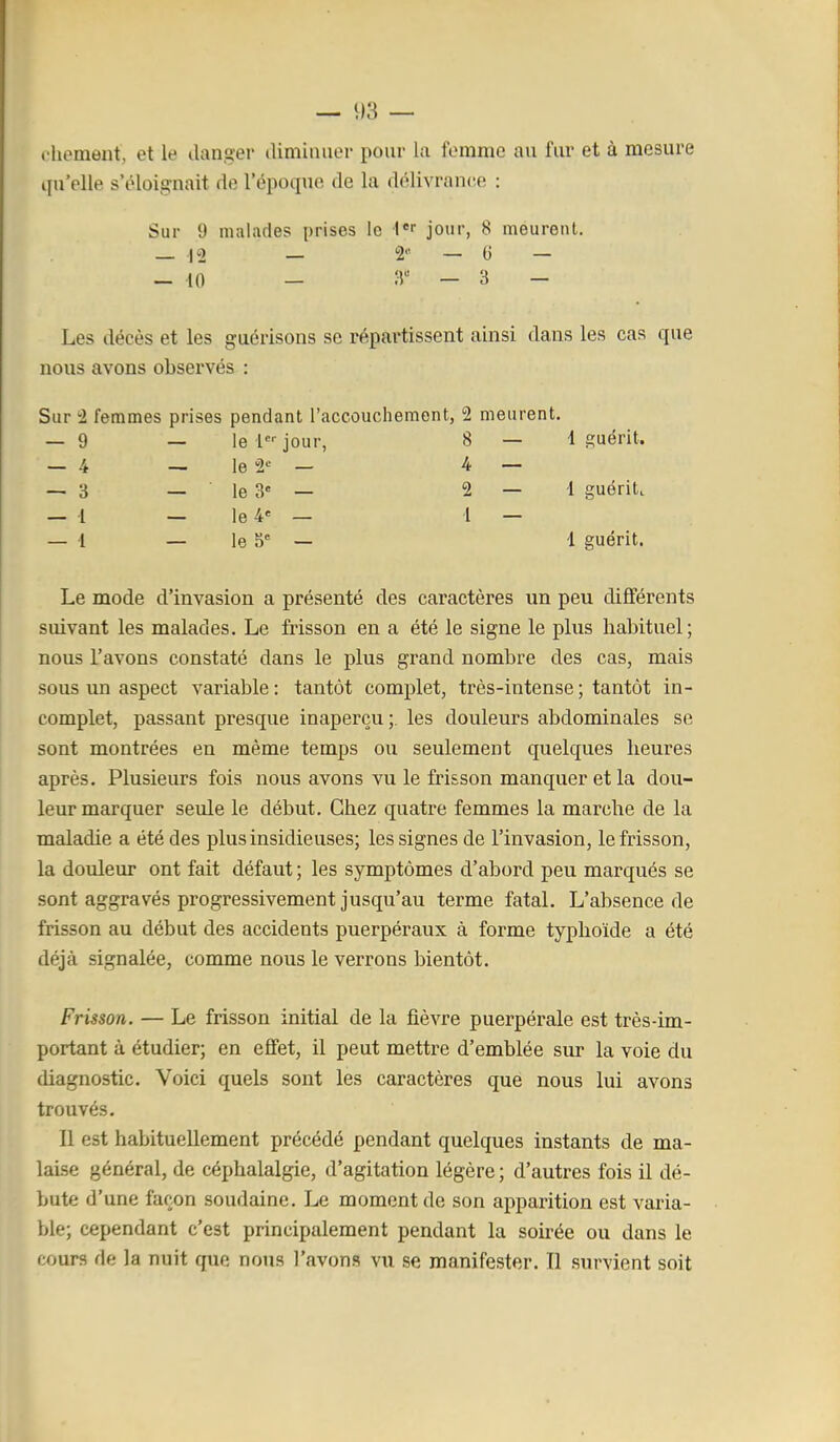 rliement, et le danger (limiiiner pour la femme a\i fur et à mesure qu'elle s'éloignait de l'époque de la délivrance : Sur 9 malades prises le 1*'' jour, 8 meurent. _ 12 . — 2'^ — 6 — - 10 - Î-J - 3 - Les décès et les guérisons se répartissent ainsi dans les cas que nous avons observés : Sur 2 femmes prises pendant l'accouchement, 2 meurent. — 9 — le 1 jour, 8 — i guérit. — 4 — le 2'-- — 4 — — 3 — le 3' — 2—1 guérit. — 1 _ le 4« — i — — 1 — le 5« — 1 guérit. Le mode d'invasion a présenté des caractères un peu différents suivant les malades. Le frisson en a été le signe le plus habituel; nous l'avons constaté dans le plus grand nombre des cas, mais sous un aspect variable: tantôt complet, très-intense; tantôt in- complet, passant presque inaperçu;, les douleurs abdominales se sont montrées en même temps ou seulement quelques heures après. Plusieurs fois nous avons vu le frisson manquer et la dou- leur marquer seule le début. Chez quatre femmes la marche de la maladie a été des plus insidieuses; les signes de l'invasion, le frisson, la douleur ont fait défaut ; les symptômes d'abord peu marqués se sont aggravés progressivement jusqu'au terme fatal. L'absence de frisson au début des accidents puerpéraux à forme typhoïde a été déjà signalée, comme nous le verrons bientôt. Frisson. — Le frisson initial de la fièvre puerpérale est très-im- portant à étudier; en effet, il peut mettre d'emblée sur la voie du diagnostic. Voici quels sont les caractères que nous lui avons trouvés. Il est habituellement précédé pendant quelques instants de ma- laise général, de céphalalgie, d'agitation légère ; d'autres fois il dé- bute d'une façon soudaine. Le moment de son apparition est varia- ble; cependant c'est principalement pendant la soirée ou dans le cours de la nuit que nous l'avons vu se manifester. Il survient soit