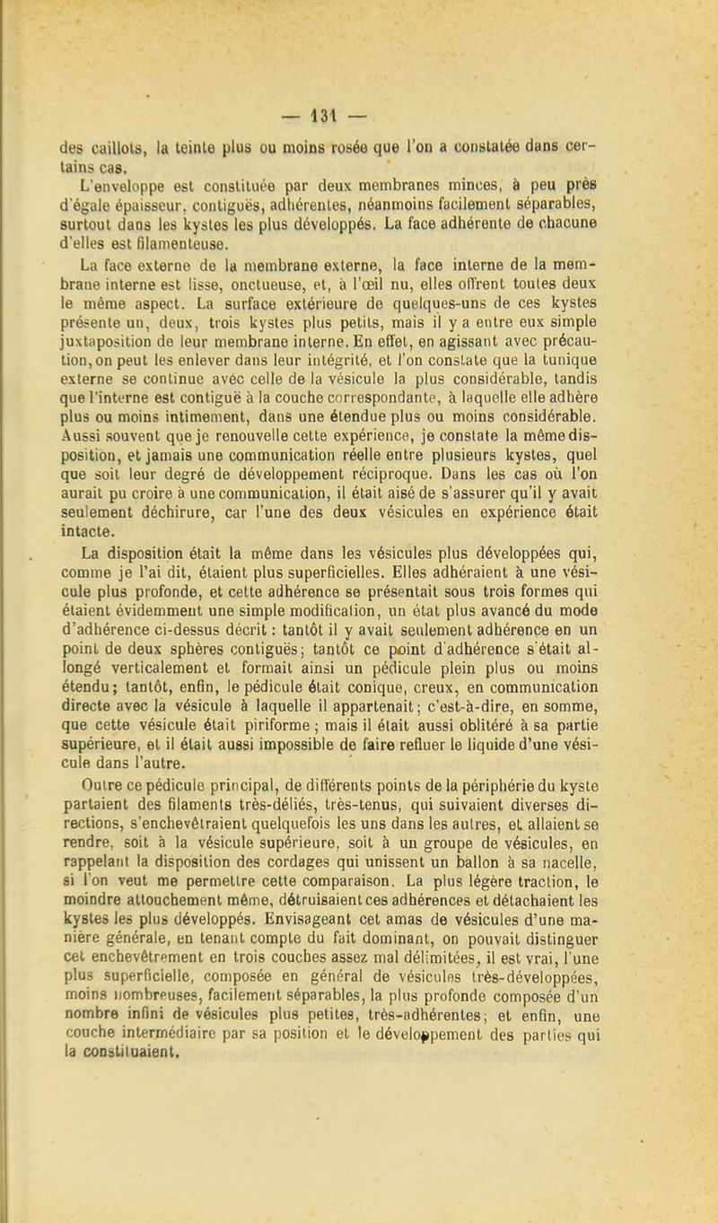 des caillots, la teinle plus ou moins rosée que l'on a constatée dans cer- tains cas. L'enveloppe est constituée par deux membranes minces, à peu près d'égale épaisseur, conliguës, adhérentes, néanmoins facilement séparables, surtout dans les kystes les plus développés. La face adhérente de chacune d'elles est filamenteuse. La face externe de la membrane externe, la face interne de la mem- brane interne est lisse, onctueuse, et, à l'œil nu, elles ofTrent toutes deux le même aspect. La surface extérieure de quelques-uns de ces kystes présente un, deux, trois kystes plus petits, mais il y a entre eux simple juxtaposition de leur membrane interne. En effet, en agissant avec précau- tion, on peut les enlever dans leur intégrité, et l'on constate que la tunique externe se continue avôc celle de la vésicule la plus considérable, tandis que l'interne est contiguë à la couche correspondante, à laquelle elle adhère plus ou moins intimement, dans une étendue plus ou moins considérable. Aussi souvent que je renouvelle cette expérience, je constate la même dis- position, et jamais une communication réelle entre plusieurs kystes, quel que soit leur degré de développement réciproque. Dans les cas où l'on aurait pu croire à une communication, il était aisé de s'assurer qu'il y avait seulement déchirure, car l'une des deux vésicules en expérience était intacte. La disposition était la même dans les vésicules plus développées qui, comme je l'ai dit, étaient plus superficielles. Elles adhéraient à une vési- cule plus profonde, et cette adhérence se présentait sous trois formes qui étaient évidemment une simple modification, un état plus avancé du mode d'adhérence ci-dessus décrit : tantôt il y avait seulement adhérence en un point de deux sphères contiguës; tantôt ce point d'adhérence s'était al- longé verticalement et formait ainsi un pédicule plein plus ou moins étendu; tantôt, enfin, le pédicule était conique, creux, en communication directe avec la vésicule à laquelle il appartenait ; c'est-à-dire, en somme, que cette vésicule était piriforme ; mais il était aussi oblitéré à sa partie supérieure, et il était aussi impossible de faire refluer le liquide d'une vési- cule dans l'autre. Outre ce pédicule principal, de différents points de la périphérie du kyste partaient des filaments très-déliés, très-tenus, qui suivaient diverses di- rections, s'enchevêtraient quelquefois les uns dans les autres, el allaient se rendre, soit à la vésicule supérieure, soit à un groupe de vésicules, en rappelant la disposition des cordages qui unissent un ballon à sa nacelle, si l'on veut me permettre cette comparaison. La plus légère traction, le moindre attouchement même, détruisaient ces adhérences et détachaient les kystes les plus développés. Envisageant cet amas de vésicules d'une ma- nière générale, en tenant compte du fait dominant, on pouvait distinguer cet enchevêtrement en trois couches assez mal délimitées, il est vrai, l'une plus superficielle, composée en général de vésicules très-développées, moins nombreuses, facilement séparables, la plus profonde composée d'un nombre infini de vésicules plus petites, très-adhérentes ; et enfin, une couche intermédiaire par sa position et le développement des parties qui la cooslituaient.