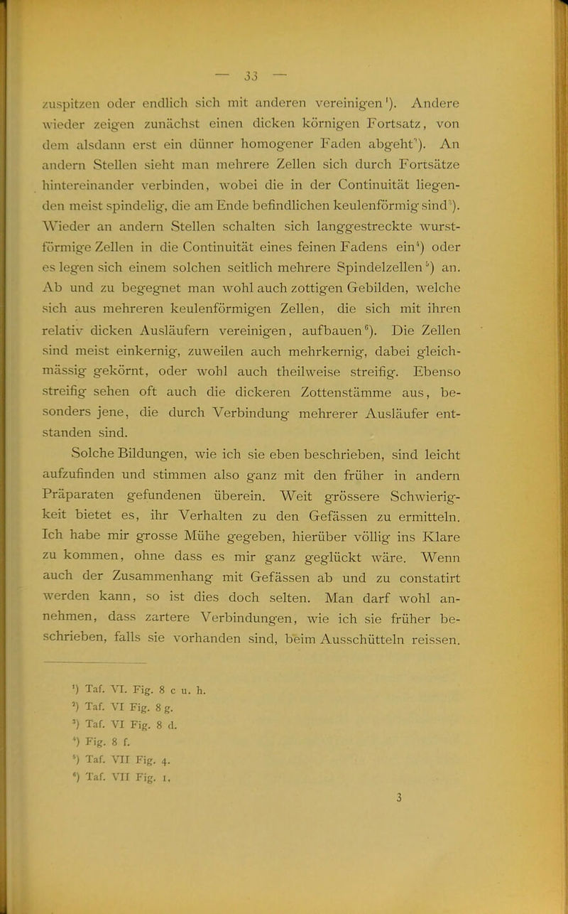 — 33 — zuspitzen oder endlich sich mit anderen vereinigen'). Andere wieder zeigen zunächst einen dicken körnig-en Fortsatz, von dem alsdann erst ein dünner homogener Faden abgeht*). An andern Stellen sieht man mehrere Zellen sich durch Fortsätze hintereinander verbinden, wobei die in der Continuität liegen- den meist spindelig, die am Ende befindlichen keulenförmig sind '). Wieder an andern Stellen schalten sich langgestreckte wurst- förmige Zellen in die Continuität eines feinen Fadens ein'') oder es legen sich einem solchen seitlich mehrere Spindelzellen'') an. Ab und zu begegnet man wohl auch zottigen Gebilden, welche sich aus mehreren keulenförmig-en Zellen, die sich mit ihren relativ dicken Ausläufern vereinigen, aufbauen). Die Zellen sind meist einkernig, zuweilen auch mehrkernig, dabei g-leich- mässig gekörnt, oder wohl auch theilweise streifig. Ebenso streifig sehen oft auch die dickeren Zottenstämme aus, be- sonders jene, die durch Verbindung mehrerer Ausläufer ent- standen sind. Solche Bildungen, wie ich sie eben beschrieben, sind leicht aufzufinden und stimmen also ganz mit den früher in andern Präparaten gefundenen überein. Weit grössere Schwierig- keit bietet es, ihr Verhalten zu den Gefässen zu ermitteln. Ich habe mir grosse Mühe gegeben, hierüber völlig ins Klare zu kommen, ohne dass es mir ganz geglückt wäre. Wenn auch der Zusammenhang mit Gefässen ab und zu constatirt werden kann, so ist dies doch selten. Man darf Avohl an- nehmen, dass zartere Verbindungen, wie ich sie früher be- schrieben, falls sie vorhanden sind, beim Ausschütteln reissen. ') Taf. VI. Fig. 8 c u. h. Taf. VI Fig. 8 g. Taf. VI Fig. 8 d. *) Fig. 8 f. ') Taf. VII Fig. 4. «) Taf. VII Fig. I. 3