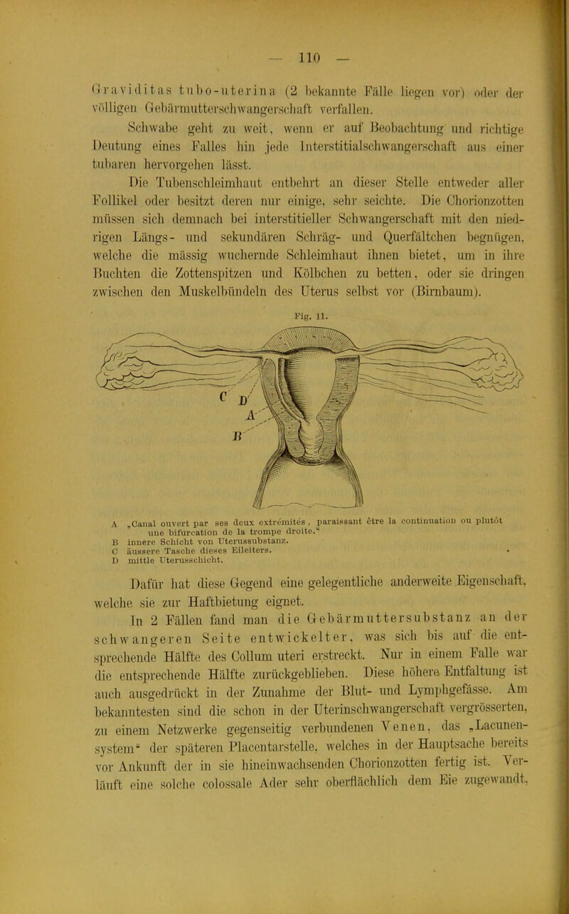Graviditas tiibo-iiterina (2 bekannte Fälle liegen vor) oder der völligen Gebürmutterschwangerscliaft veifallen. Schwabe gelit zu weit, wenn er auf Beobachtung und richtige Deutung eines Falles hin jede Interstitialschwangerschaft aus einer tubaren hervorgelien lässt. Die Tubenschleimhaut entbehrt an dieser Stelle entweder aller Follikel oder besitzt deren nur einige, sehr seichte. Die Chorionzotten müssen sich demnach bei interstitieller Schwangerschaft mit den nied- rigen Längs- und sekundären Schräg- und Querfältchen begnügen, welche die mässig wuchernde Schleimhaut ihnen bietet, um in ihre Buchten die Zottenspitzen und Kölbchen zu betten, oder sie dringen zwischen den Muskelbündeln des Uterus selbst vor (Birnbaum). A „Caiial ouvert par ses deux extremites , paraissant etre la coutimiatlou ou plutöt une bifurcation de la trompe droite. B innere Schicht von Uterussubstanz. C äussere Tasche dieses Eileiters. D mittle Uterusschicht. Dafür hat diese Gegend eiue gelegentliche anderweite Eigenschaft, welclie sie zur Haftbietung eignet. In 2 Fällen fand man die Gebärmuttersubstanz an der schwangeren Seite entwickelter, was sich bis auf die ent- sprechende Hälfte des Collum uteri erstreckt. Nur in einem Falle war die entsprechende Hälfte zurückgeblieben. Diese höhere Entfaltung ist auch ausgedrückt in der Zunahme der Blut- und Lymphgefässe. Am bekanntesten sind die schon in der Uterinschwangerschaft vergrösserten, 7Ai einem Netzwerke gegenseitig verbundenen Venen, das „Lacunen- system der späteren Placentarstelle. welches in der Hauptsache bereits vor Ankunft der in sie hineinwachsenden Chorionzotten fertig ist. Ver- läuft eine solche colossale Ader sehr oberfläclilich dem Eie zugewandt, Fif;. 11.