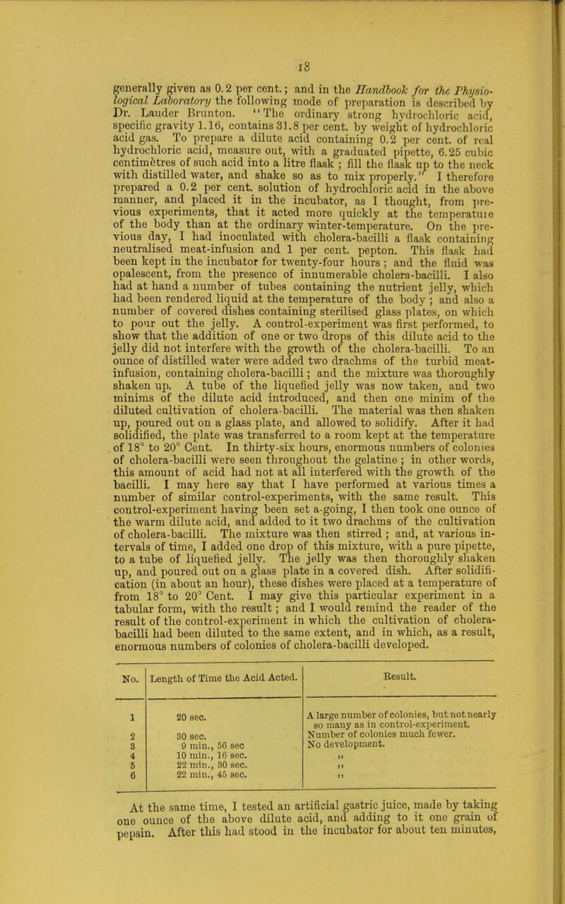 is generally given as 0.2 per cent.; and in the Handbook for the Physio- logical Laboratory the following mode of preparation is described by Dr. Lauder Brunton. The ordinary strong hydrochloric acid, specific gravity 1.16, contains 31.8 per cent, by weight of hydrochloric acid gas. To prepare a dilute acid containing 0.2 per cent, of real hydrochloric acid, measure out, with a graduated pipette, 6.25 cubic centimetres of such acid into a litre flask ; fill the flask up to the neck with distilled water, and shake so as to mix properly. I therefore prepared a 0.2 per cent, solution of hydrochloric acid in the above manner, and placed it in the incubator, as I thought, from jire- vious experiments, that it acted more quickly at the temperatuie of the body than at the ordinary winter-temperature. On the j)re- vious day, I had inoculated with cholera-bacilli a flask containing neutralised meat-infusion and 1 per cent, pepton. This flask had been kept in the incubator for twenty-four hours ; and the fluid was opalescent, from the presence of innumerable cholera-bacilli. I also had at hand a number of tubes containing the nutrient jelly, which had been rendered liquid at the temperature of the body ; and also a number of covered dishes containing sterilised glass plates, on which to pour out the jelly. A control-experiment was first performed, to show that the addition of one or two drops of this dilute acid to the jelly did not interfere with the growth of the cholera-bacilli. To an ounce of distilled water were added two drachms of the turbid meat- infusion, containing cholera-bacilli; and the mixture was thoroughly shaken up, A tube of the liquefied jelly was now taken, and two minims of the dilute acid introduced, and then one minim of the diluted cultivation of cholera-bacilli. The material was then shaken up, poured out on a glass plate, and allowed to solidify. After it had solidified, the plate was transferred to a room kept at the temperature of 18° to 20° Cent. In thirty-six hours, enormous numbers of colonies of cholera-bacilli were seen throughout the gelatine ; in other words, this amount of acid had not at all interfered with the growth of the bacilli. I may here say that I have performed at various times a number of similar control-experiments, with the same result. This control-experiment having been set a-going, I then took one ounce of the warm dilute acid, and added to it two drachms of the cultivation of cholera-bacilli. The mixture was then stirred ; and, at various in- tervals of time, I added one drop of this mixture, with a pure pipette, to a tube of liquefied jelly. The jelly was then thoroughly shaken up, and poured out on a glass plate in a covered dish. After solidifi- cation (in about an hour), these dishes were placed at a temperature of from 18° to 20° Cent. I may give this particular experiment in a tabular form, with the result; and I would remind the reader of the result of the control-experiment in which the cultivation of cholera- bacilli had been diluted to the same extent, and in which, as a result, enormous numbers of colonies of cholera-bacilli developed. No. Lengtli of Time the Acid Acted. Result. 1 20 sec. A large number of colonies, but not nearly so many as in control-experiment. 2 30 sec. Number of colonies much fewer. 8 9 rain., 56 sec No development. 4 10 inin., 16 sec. II 6 22 min., 30 sec. II 6 22 min., 45 sec. II At the same time, I tested an artificial gastric juice, made by taking one ounce of the above dilute acid, and adding to it one grain of pepsin. After this had stood in the incubator for about ten minutes,