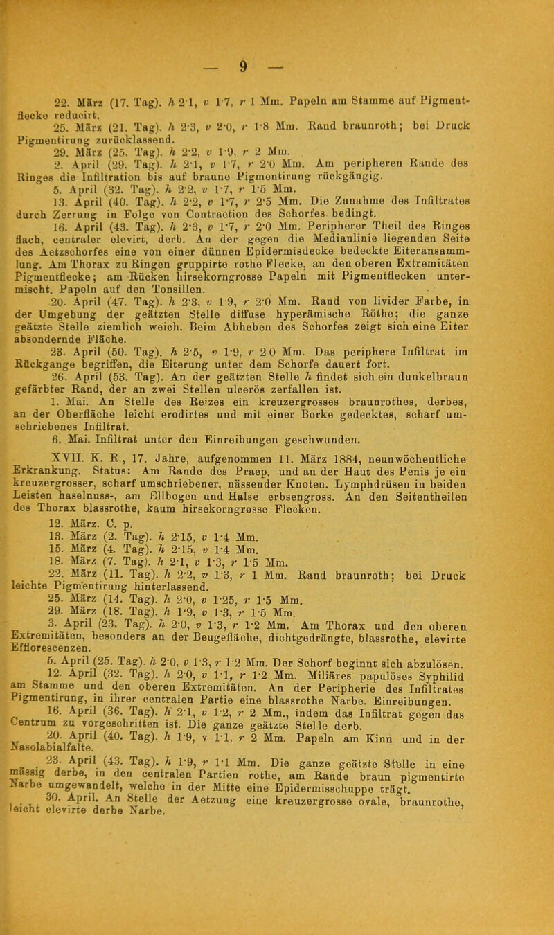 22. März (17. Tag). 7» 21, v 17, r 1 Mm. Popeln am Stamme auf Pigmeat- flecke reducirt. 25. März (21. Tag), h 2-3, v 2*0, *• 18 Mm. Rand biaunroth; bei Druck Pigmentiruag zurücklassend. 29. März (25. Tag), h 2-2, v I d, r 2 Mm. 2. April (29. Tag), h 2'1, v 1'7, /• 2'ü Mm. Am peripheren Rande des Ringes die Infiltration bis auf braune Pigraentirung rückgängig. 5. April (32. Tag), h 2% v 1-7, r l'ö Mm. 13. April (40. Tag), h 2% v 1*7, r 2-5 Mm. Die Zunahme des Infiltrates durch Zerrung in Folge von Contraction des Schorfes bedingt. 16. April (43. Tag), h 2'3, v 1*7, r 2*0 Mm. Peripherer Theil des Ringes flach, centraler elevirt, derb. An der gegen die Medianlinie liegenden Seite des Aetzschorfes eine von einer dünnen Epidermisdecke bedeckte Eiteransamm- lung. Am Thorax zu Ringen gruppirte rothe Flecke, an den oberen Extremitäten Pigmentflecke; am Rücken hirsekorngrosse Papeln mit Pigmeutflecken unter- mischt. Papeln auf den Tonsillen. 20. April (47. Tag), h 2*3, v 19, r 2-0 Mm. Rand von livider Farbe, in der Umgebung der geätzten Stelle diffuse hyperämische Rothe; die ganze geätzte Stelle ziemlich weich. Beim Abheben des Schorfes zeigt sich eine Eiter absondernde Fläche. 23. April (50. Tag), h 2 5, v V9, r 2 0 Mm. Das periphere Infiltrat im Rückgange begriffen, die Eiterung unter dem Schorfe dauert fort. 26. April (53. Tag). An der geätzten Stelle h findet sich ein dunkelbraun gefärbter Rand, der an zwei Stellen ulcerös zerfallen ist. 1. Mai. An Stelle des Re'zes ein kreuzergrosses braunrothes, derbes, an der Oberfläche leicht erodirtes und mit einer Borke gedecktes, scharf um- schriebenes Infiltrat. 6. Mai. Infiltrat unter den Einreibungen geschwunden. XYII. K. R., 17. Jahre, aufgenommen 11. März 1884, neunwöchentliche Erkrankung. Status: Am Rande des Praep. und an der Haut des Penis je ein kreuzergrosser, scharf umschriebener, nässender Knoten. Lymphdrüsen in beiden Leisten haselnuss-, am Ellbogen und Halse erbsengross. An den Seitentheilen des Thorax blassrothe, kaum hirsekorngrosse Flecken. 12. März. C. p. 13. März (2. Tag), h 2-15, v 1-4 Mm. 15. März (4. Tag), h 2-15, v 1-4 Mm. 18. Mär/ (7. Tag), h 2-1, v 1% r 15 Mm. 22. März (U. Tag), h 2-2, v 13, r 1 Mm. Rand braunroth; bei Druck leichte Pigmentirung hinterlassend. 25. März (14. Tag), h 2*0, v V25, r 1-5 Mm. 29. März (18. Tag), h 1-9, v 1-3, r 1-5 Mm. 3. April (23. Tag), h 2-0, v 1-3, r 1-2 Mm. Am Thorax und den oberen Extremitäten, besonders an der Beugefläche, dichtgedrängte, blassrothe, elevirte Efflorescenzen. 5, April (25. Tag), h 2-0, v 1-3, r 12 Mm. Der Schorf beginnt sich abzulösen. 12. April (32. Tag), h 2-0, v VI, r V2 Mm. Miliares papulöses Syphilid am Stamme und den oberen Extremitäten. An der Peripherie des Infiltrates Pigmentirung, in ihrer centralen Partie eine blassrothe Narbe. Einreibungen. 16. April (36. Tag), h, 2-1, v 1-2, r 2 Mm., indem das Infiltrat gegen das Oentrum zu vorgeschritten ist. Die ganze geätzte Stelle derb. ■«r , ??-,.^P^ ^^Ö- ^ T 1-1, r 2 Mm. Papeln am Kinn und in der N^asolabialfalte. 23. April (43. Tag), h 1-9, r M Mm. Die ganze geätzte Stölle in eine mässig derbe, in den centralen Partien rothe, am Rande braun pigmentirte JHarbe umgewandelt, welche in der Mitte eine Epidermisschuppe trägt. 30. April. An Stelle der Aetzung eine kreuzergrosse ovale, braunrothe, leicht elevirte derbe Narbe.