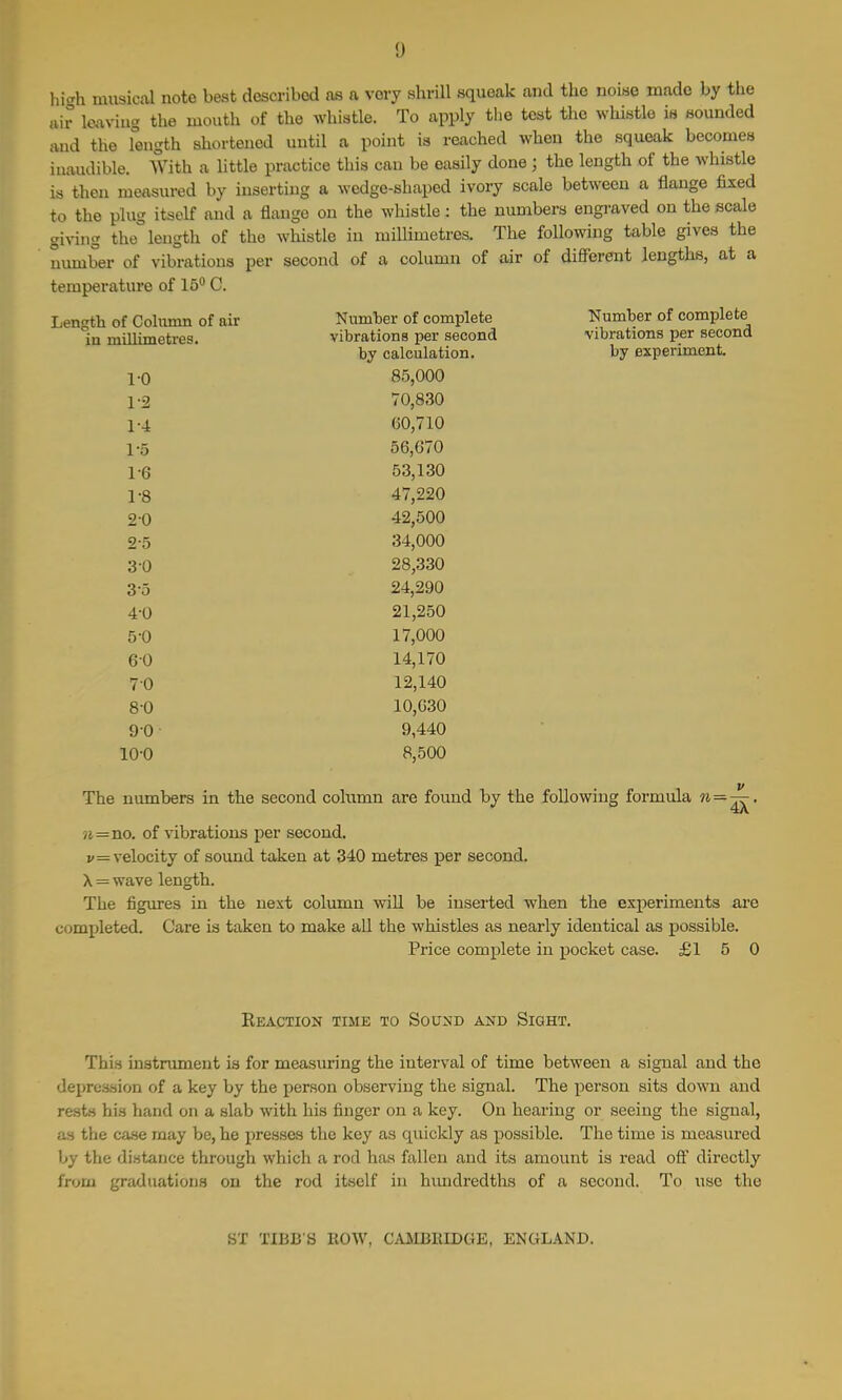 hi^h musical note best described as a very shrill squeak and the noise made by the air Imving the mouth of the whistle. To apply the test the whistle is sounded and the length shortened until a point is reached when the squeak becomes inaudible. With a little practice this can be easily done ; the length of the whistle is then measured by inserting a wedge-shaped ivory scale between a flange fixed to the plug itself and a flange on the whistle: the numbers engraved on the scale giving the length of the whistle in millimetres. The following table gives the number of vibrations per second of a column of air of different lengths, at a temperature of 15** C. igth of Column of air in millimetres. vibrations per second by calculation. Number of complete vibrations per second by experiment. 1-0 85,000 1-2 70,830 1-4 60,710 1-5 56,670 1'6 CO 1 on Oo, 1 oU 1-8 47,220 2-0 42,500 2-5 34,000 3 0 28,330 3-5 24,290 4-0 21,250 5-0 17,000 60 14,170 7 0 12,140 8-0 10,030 90 9,440 10-0 8,500 The numbers in the second column are found by the following formula ^=^' /i=no. of vibrations per second. J/=velocity of sound taken at 340 metres per second. X - wave length. The figm-es in the next column wiU be inserted when the experiments are completed. Care is taken to make all the whistles as nearly identical as possible. Price complete in pocket case. £1 5 0 Reaction time to Sound and Sight. This instrument is for measuring the interval of time between a signal and the depression of a key by the person observing the signal. The person sits down and rests his hand on a slab with his finger on a key. On hearing or seeing the signal, as the case may be, he presses the key as quickly as possible. The time is measured by the distance through which a rod has fallen and its amount is read off directly from graduations on the rod itself in hundredths of a second. To use the